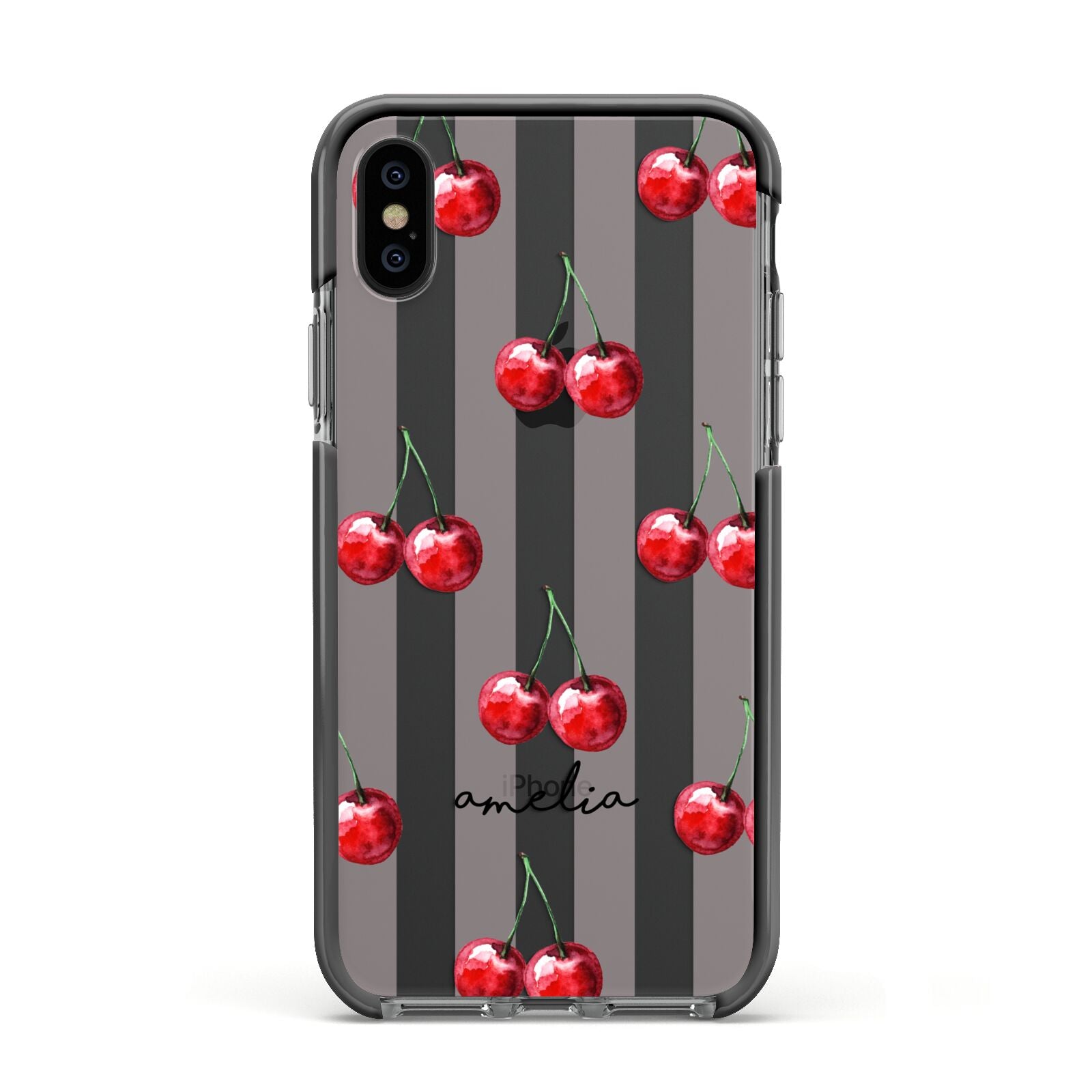 Cherry and Stripes with Name Apple iPhone Xs Impact Case Black Edge on Black Phone
