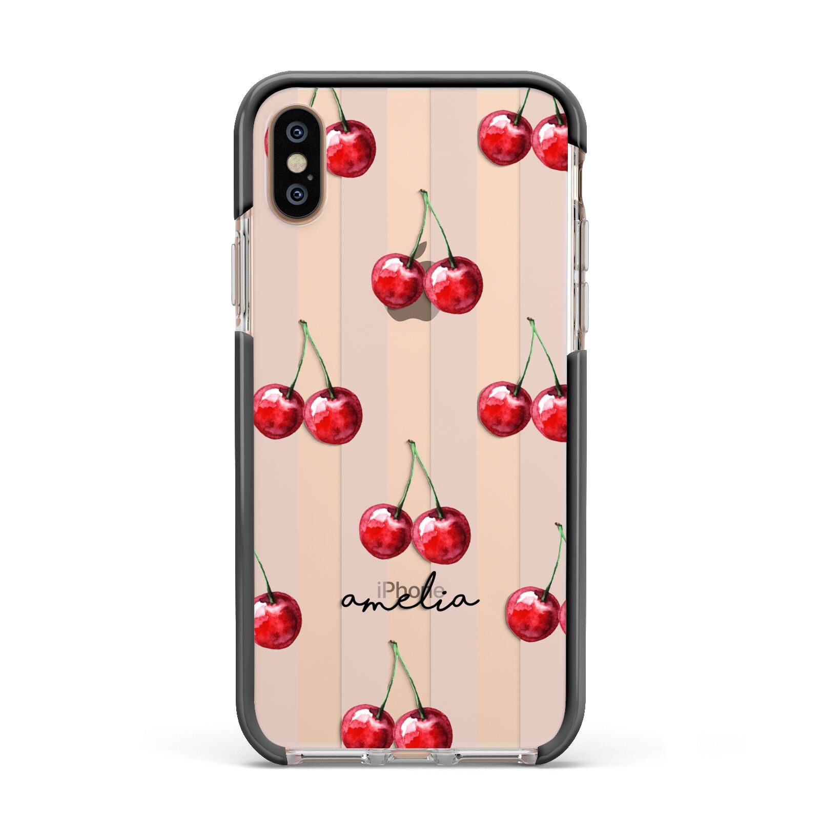 Cherry and Stripes with Name Apple iPhone Xs Impact Case Black Edge on Gold Phone