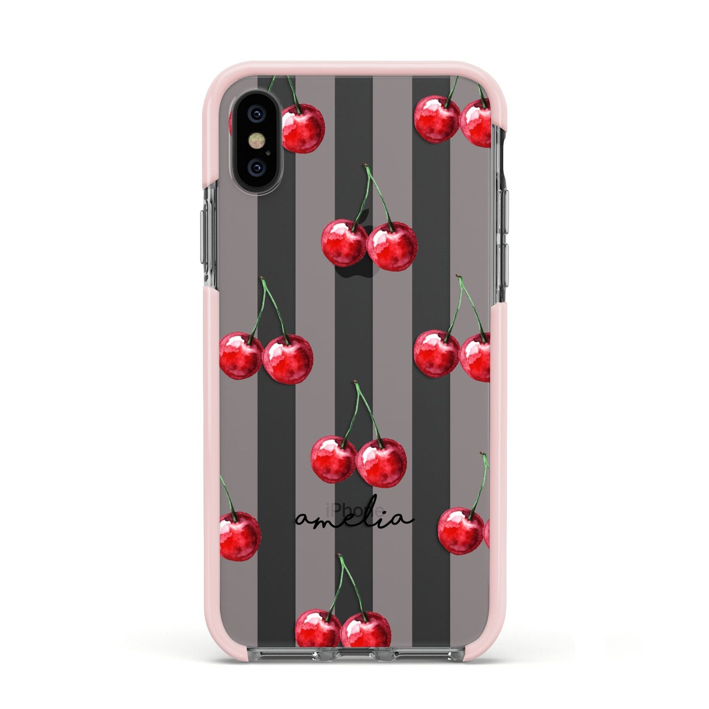 Cherry and Stripes with Name Apple iPhone Xs Impact Case Pink Edge on Black Phone
