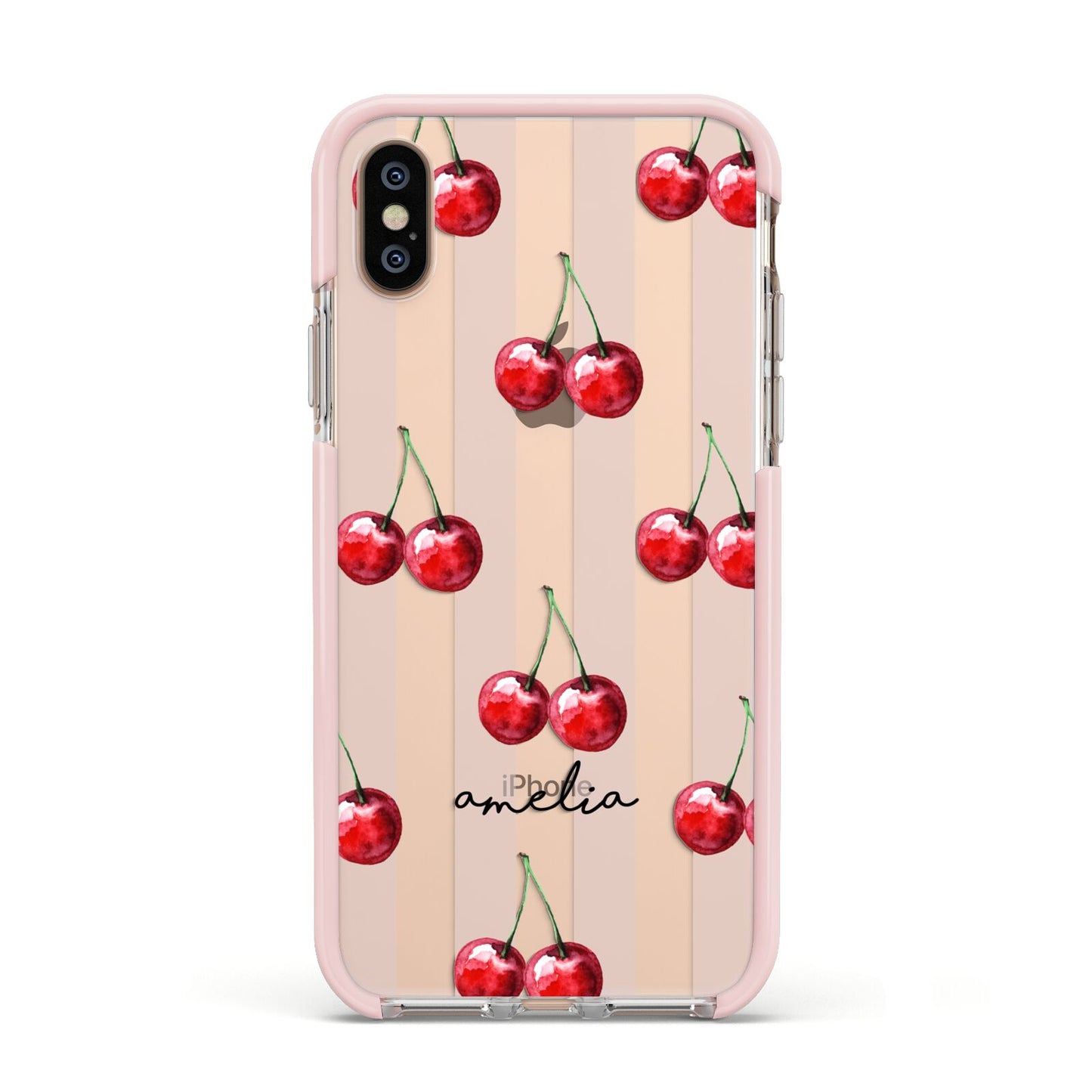 Cherry and Stripes with Name Apple iPhone Xs Impact Case Pink Edge on Gold Phone
