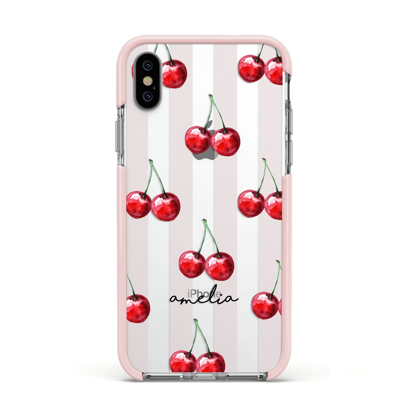 Cherry and Stripes with Name Apple iPhone Xs Impact Case Pink Edge on Silver Phone