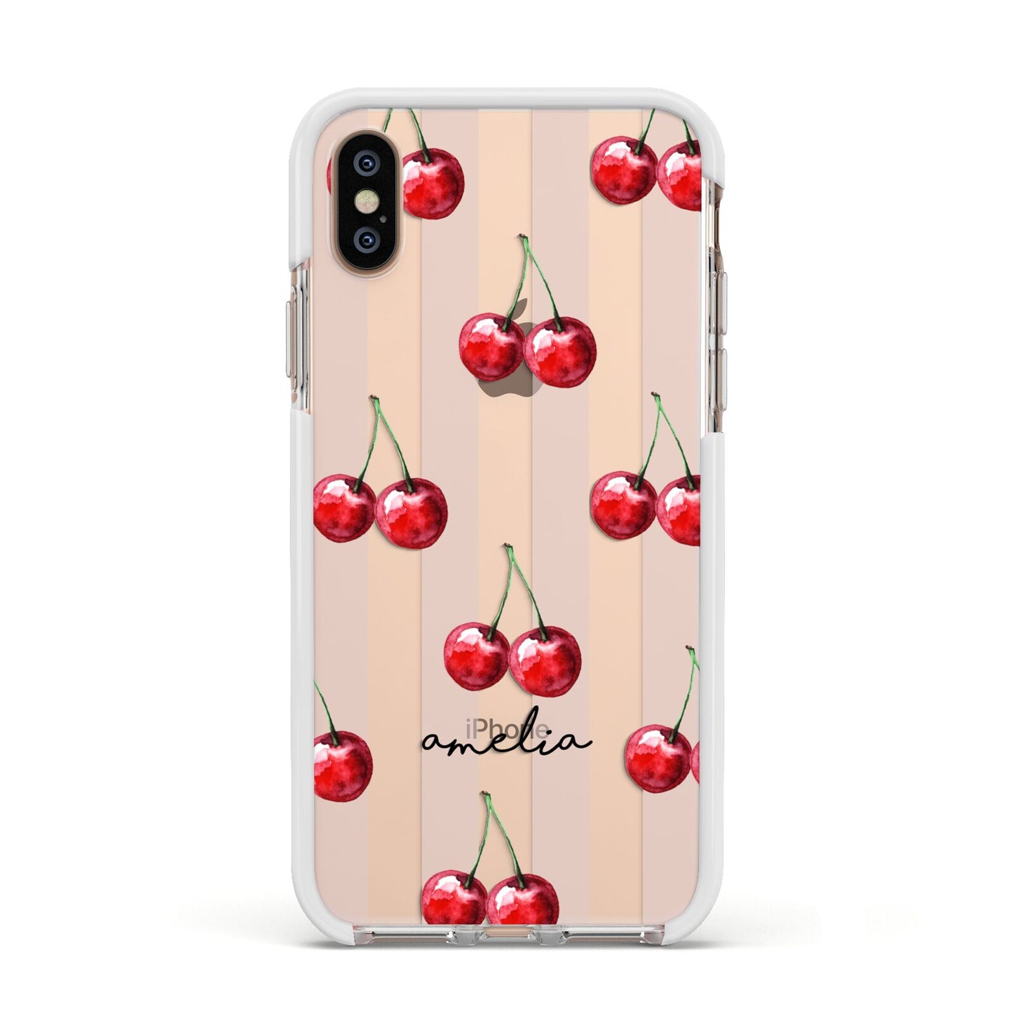Cherry and Stripes with Name Apple iPhone Xs Impact Case White Edge on Gold Phone