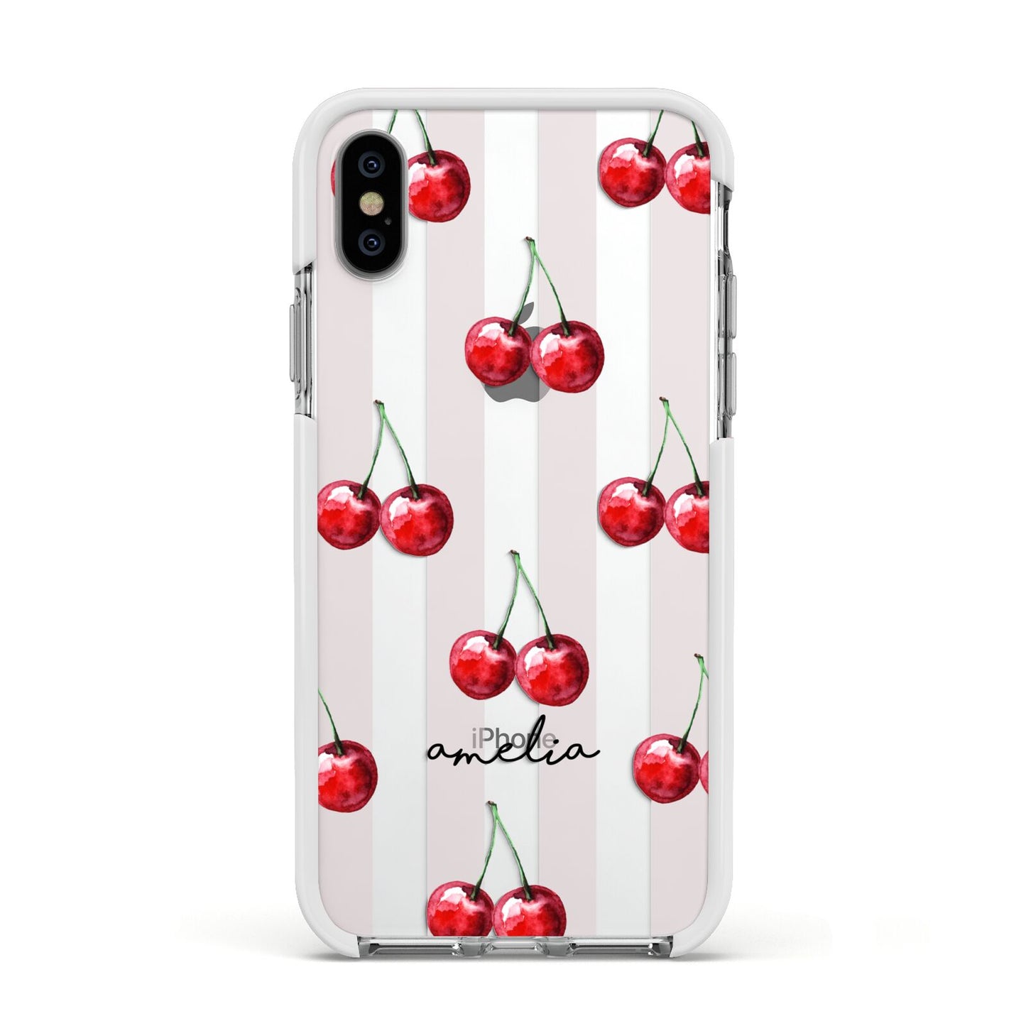 Cherry and Stripes with Name Apple iPhone Xs Impact Case White Edge on Silver Phone