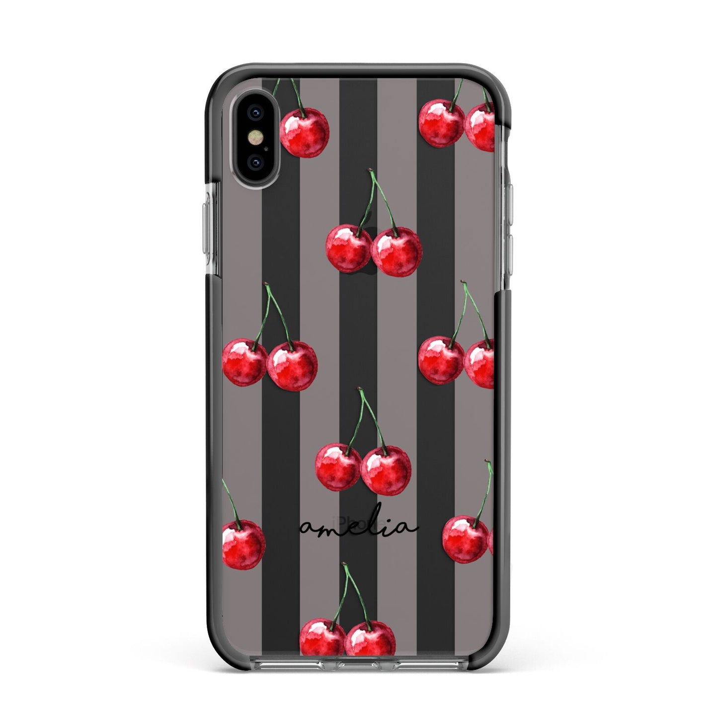 Cherry and Stripes with Name Apple iPhone Xs Max Impact Case Black Edge on Black Phone
