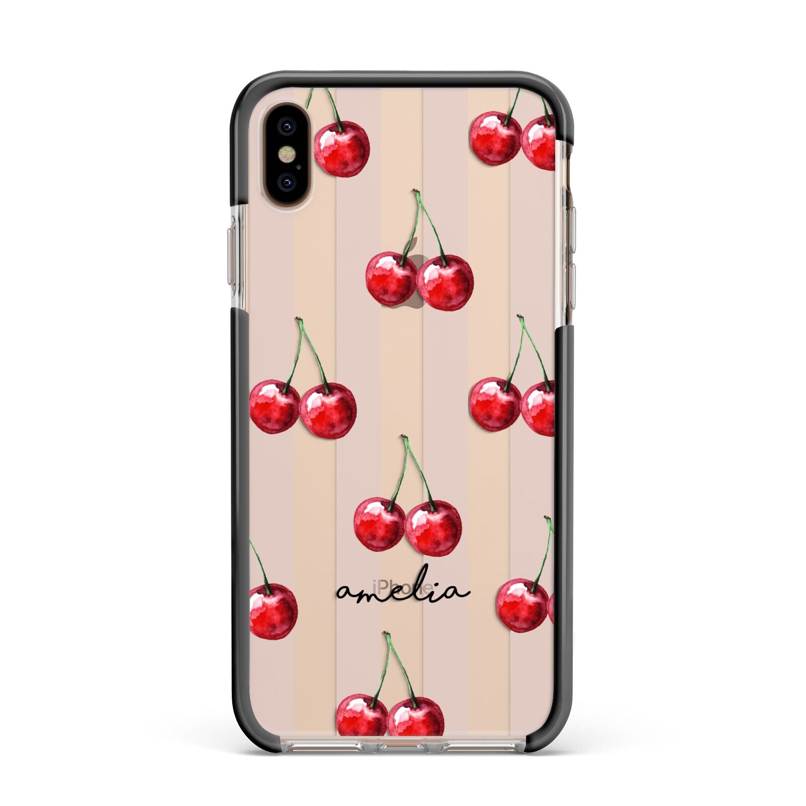 Cherry and Stripes with Name Apple iPhone Xs Max Impact Case Black Edge on Gold Phone