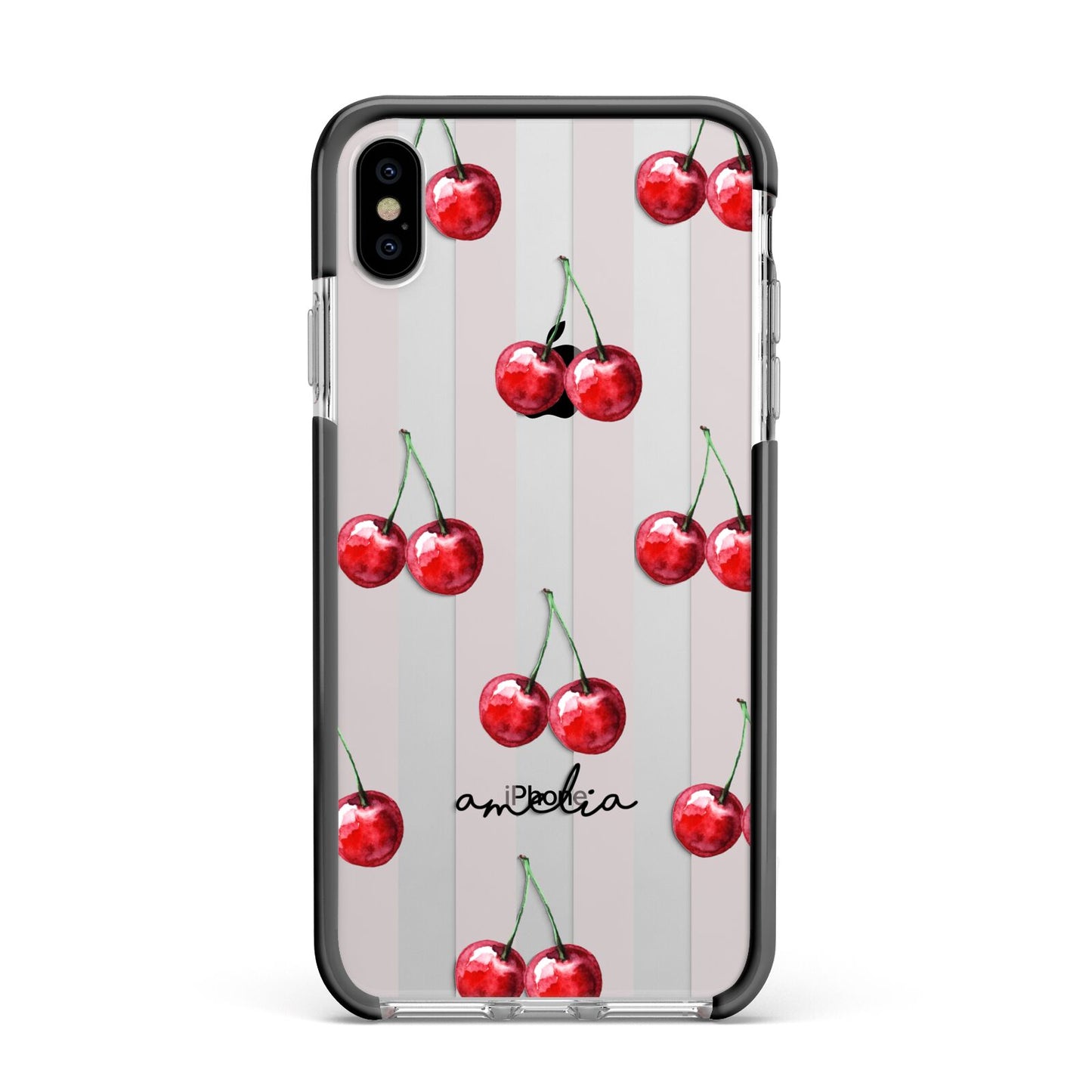 Cherry and Stripes with Name Apple iPhone Xs Max Impact Case Black Edge on Silver Phone