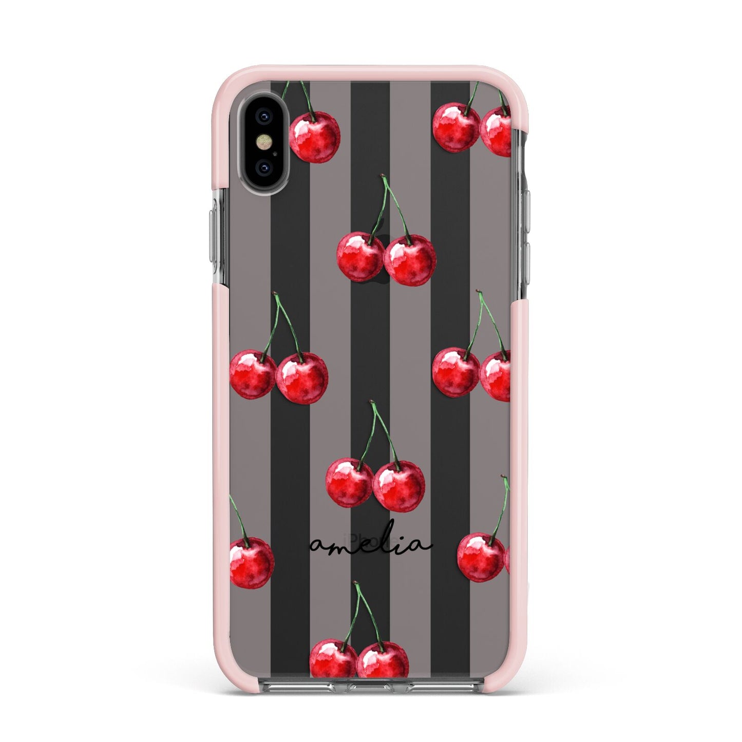 Cherry and Stripes with Name Apple iPhone Xs Max Impact Case Pink Edge on Black Phone