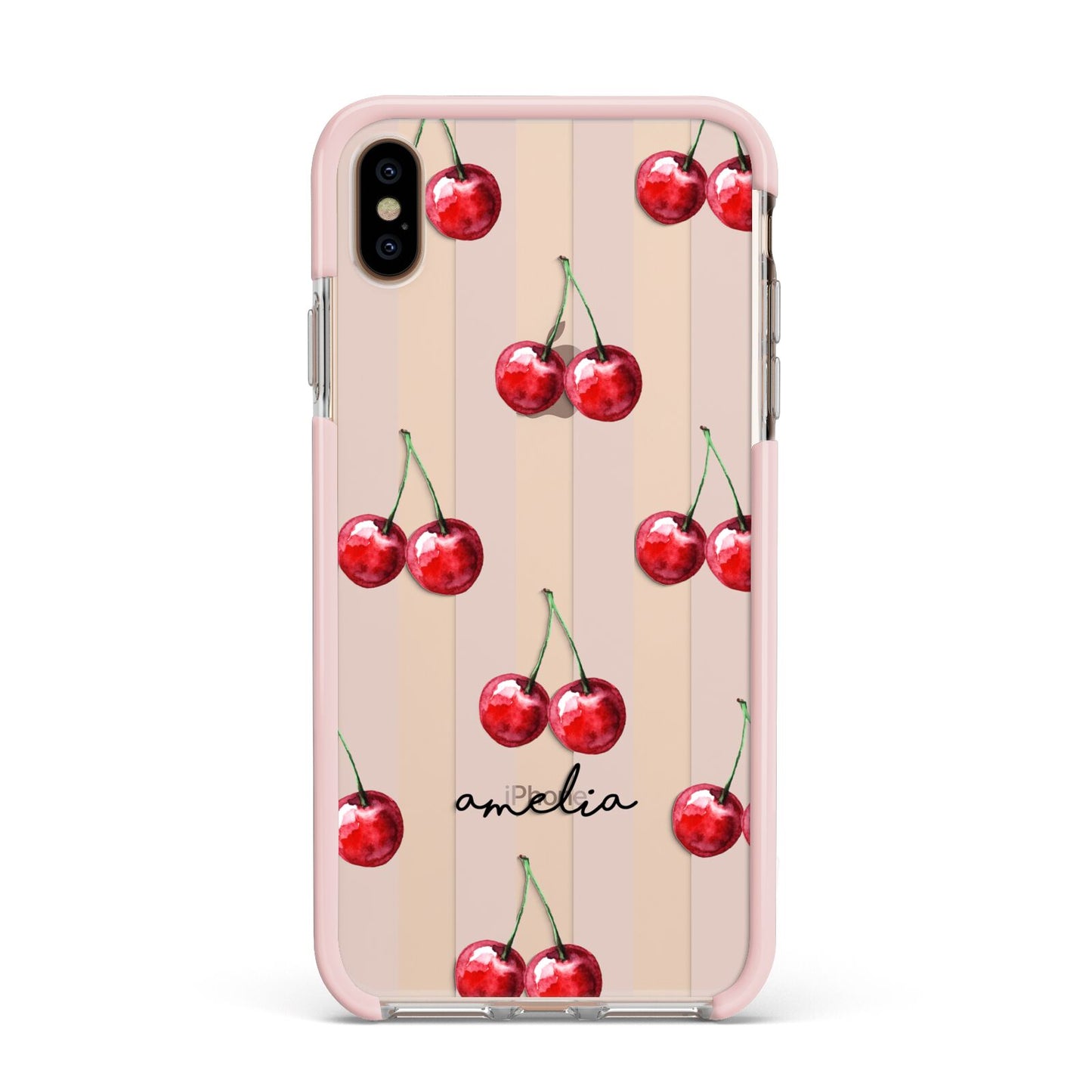 Cherry and Stripes with Name Apple iPhone Xs Max Impact Case Pink Edge on Gold Phone