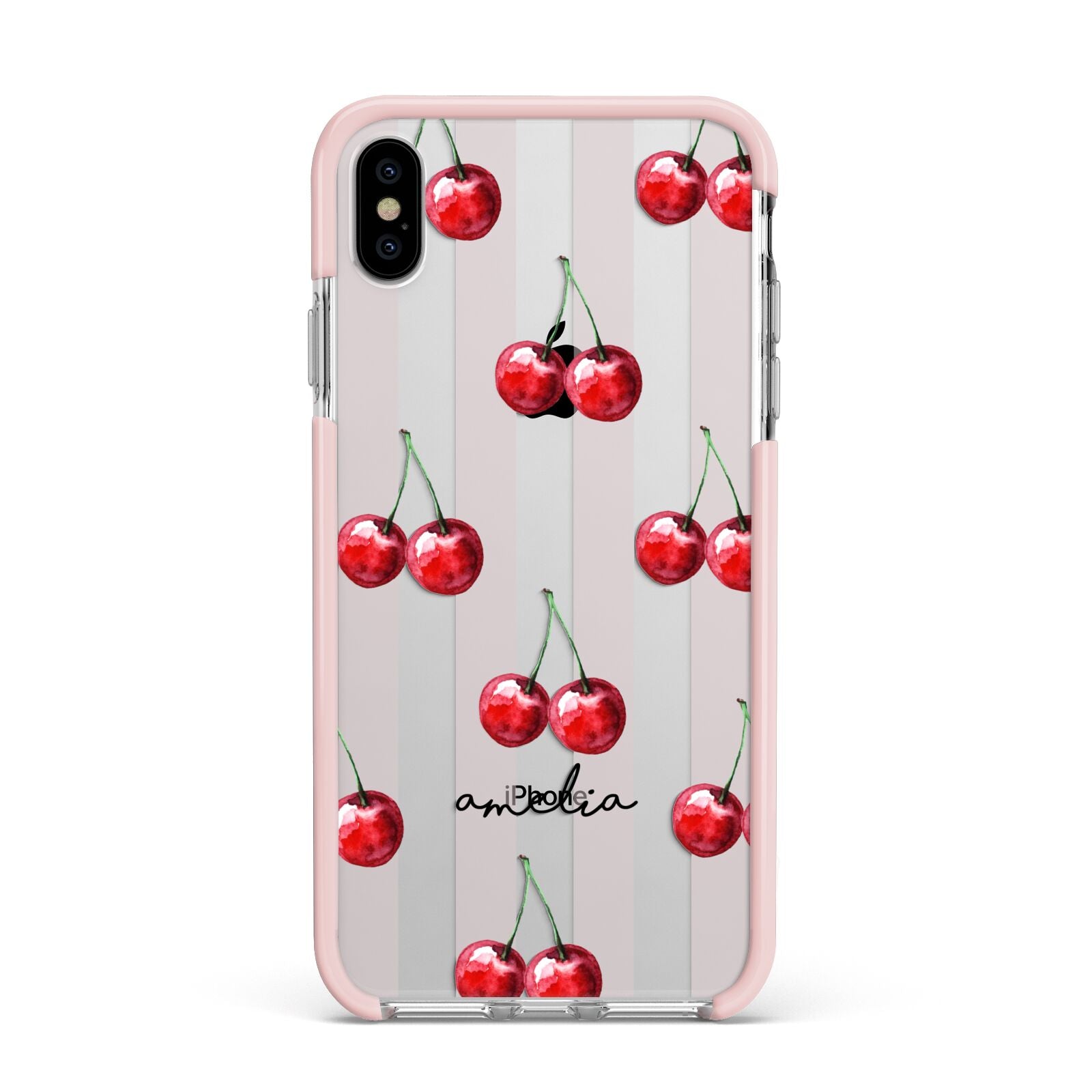 Cherry and Stripes with Name Apple iPhone Xs Max Impact Case Pink Edge on Silver Phone