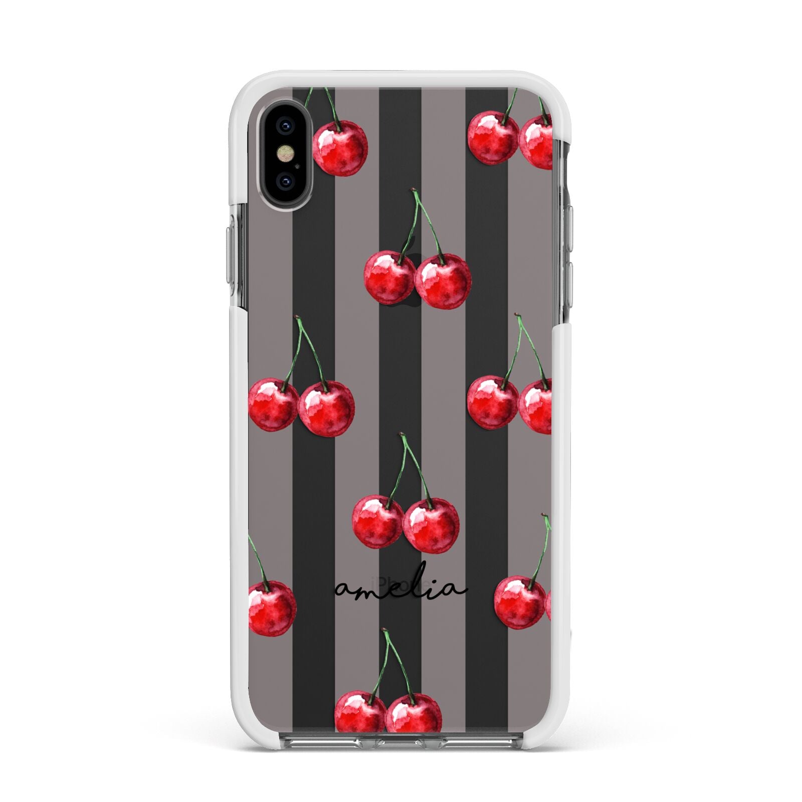 Cherry and Stripes with Name Apple iPhone Xs Max Impact Case White Edge on Black Phone