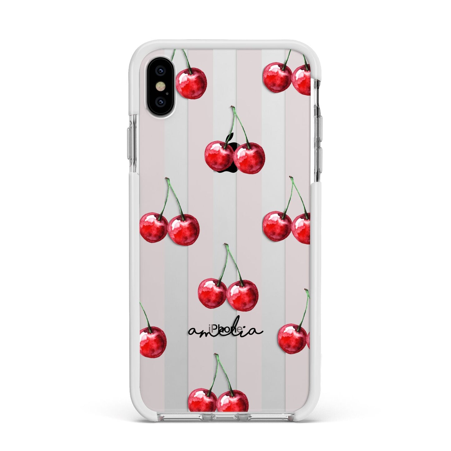 Cherry and Stripes with Name Apple iPhone Xs Max Impact Case White Edge on Silver Phone
