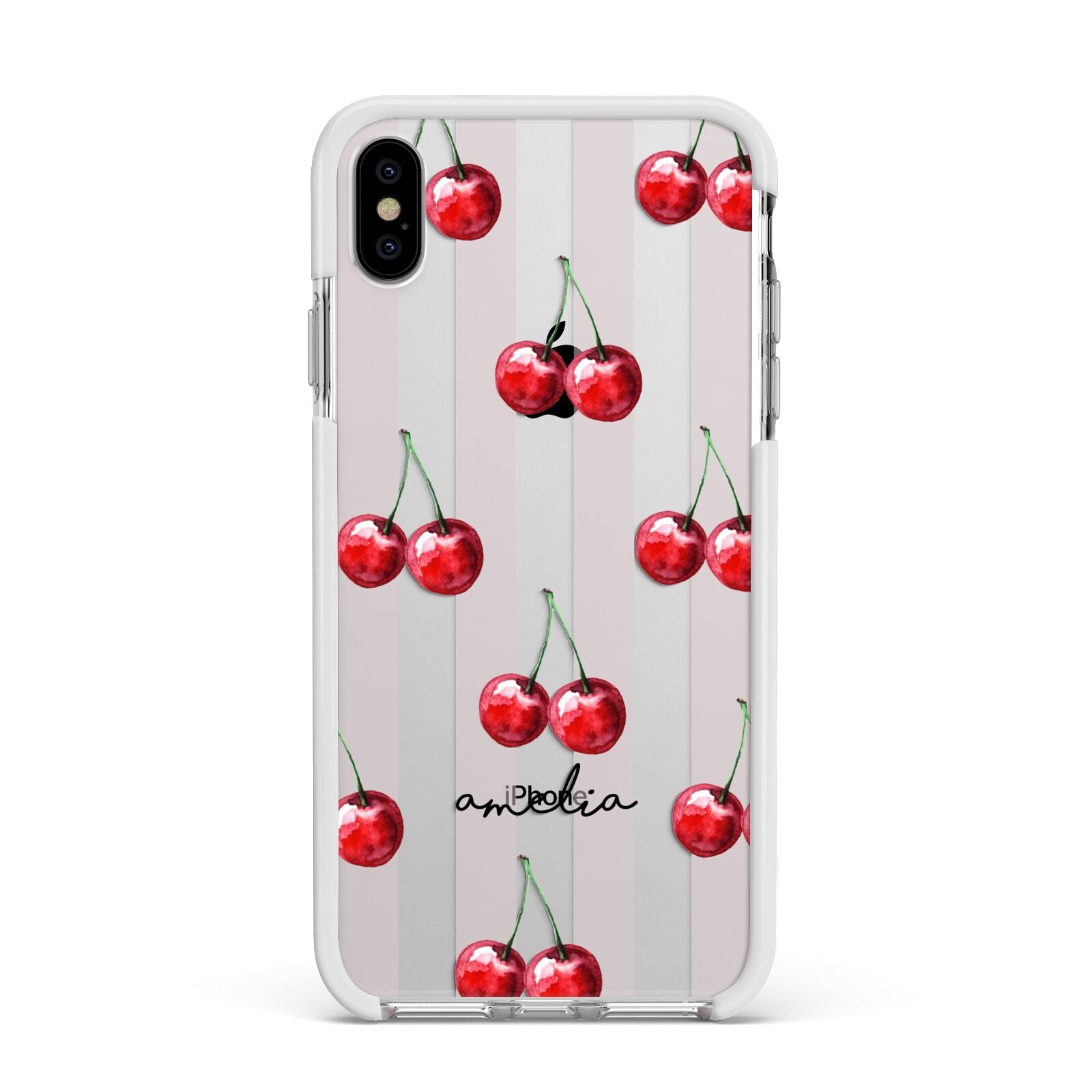 Cherry and Stripes with Name Apple iPhone Xs Max Impact Case White Edge on Silver Phone