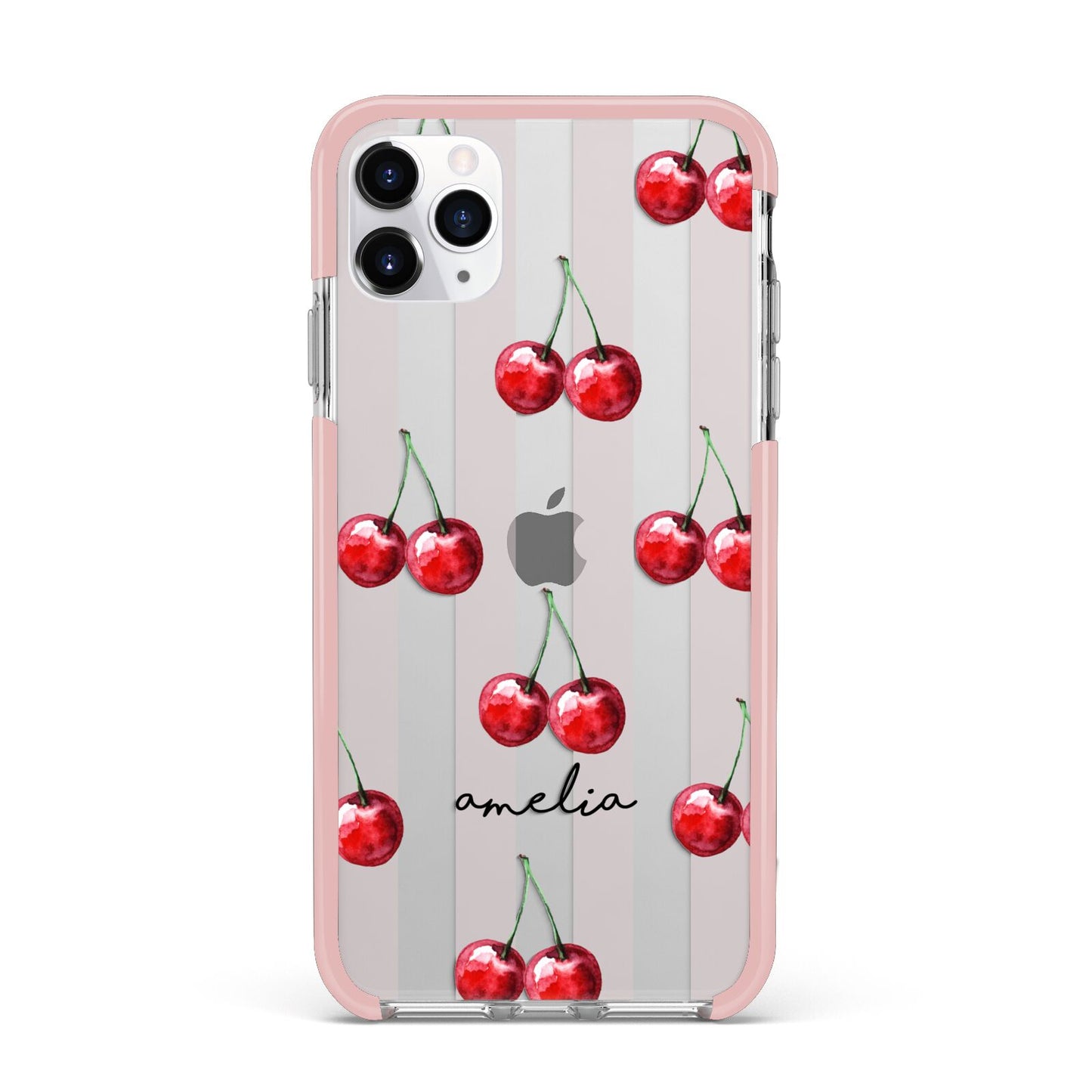 Cherry and Stripes with Name iPhone 11 Pro Max Impact Pink Edge Case