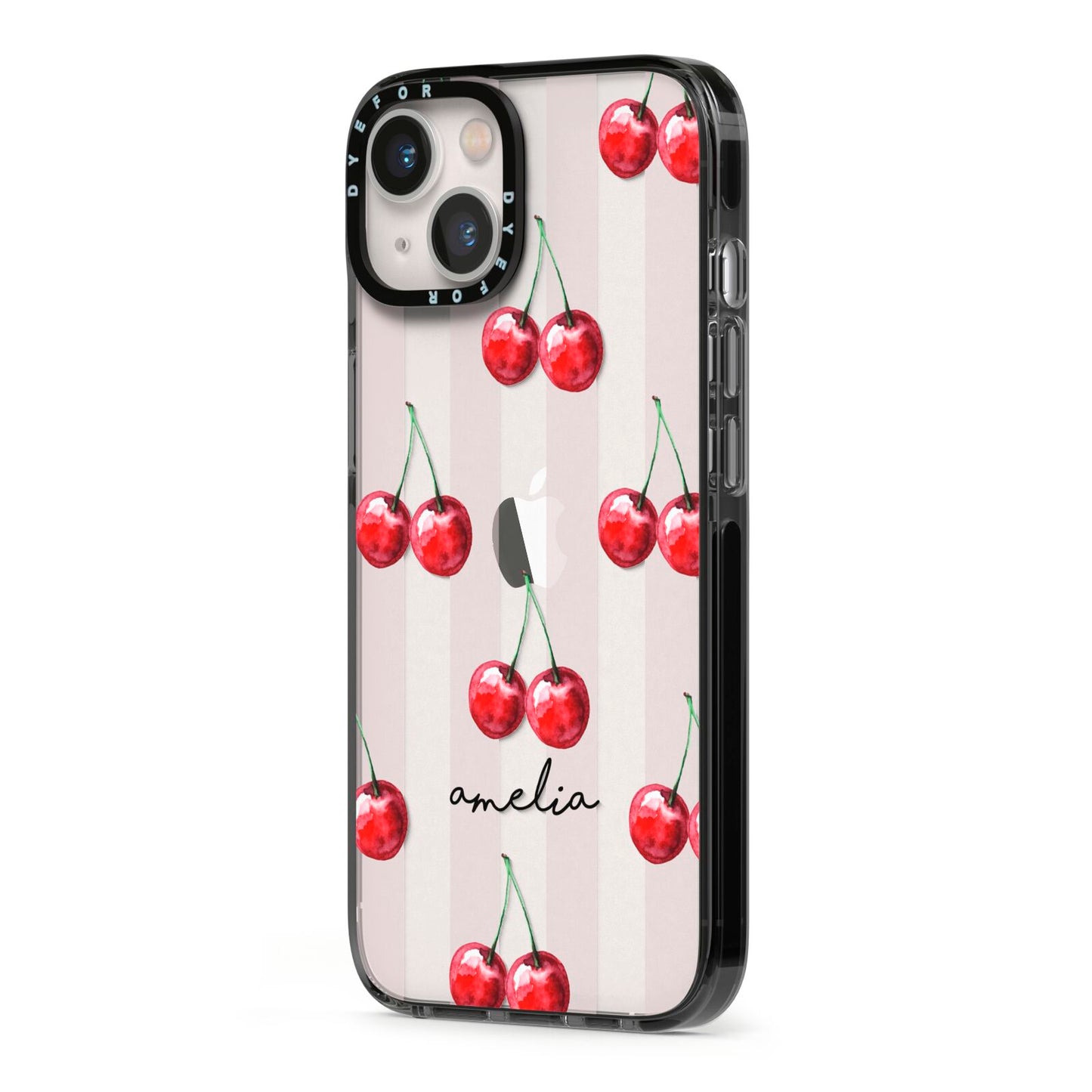 Cherry and Stripes with Name iPhone 13 Black Impact Case Side Angle on Silver phone