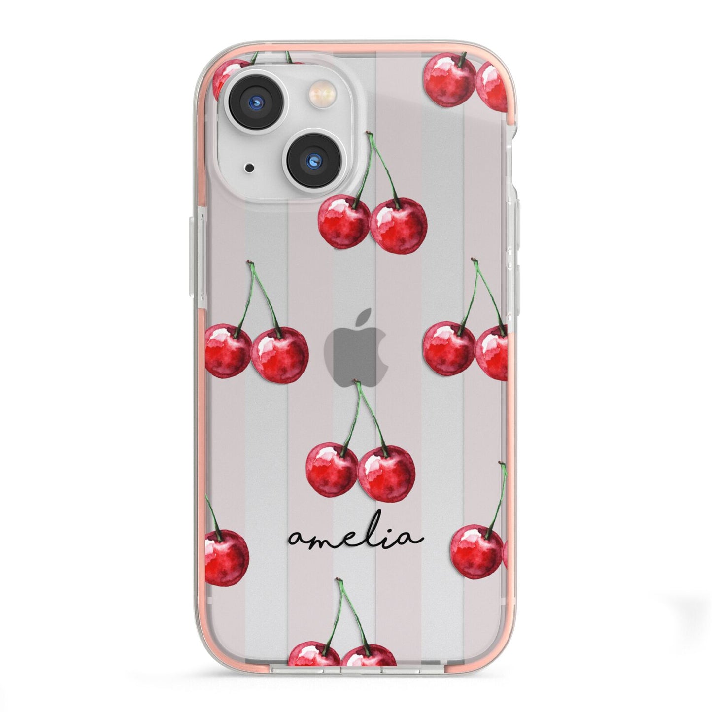 Cherry and Stripes with Name iPhone 13 Mini TPU Impact Case with Pink Edges