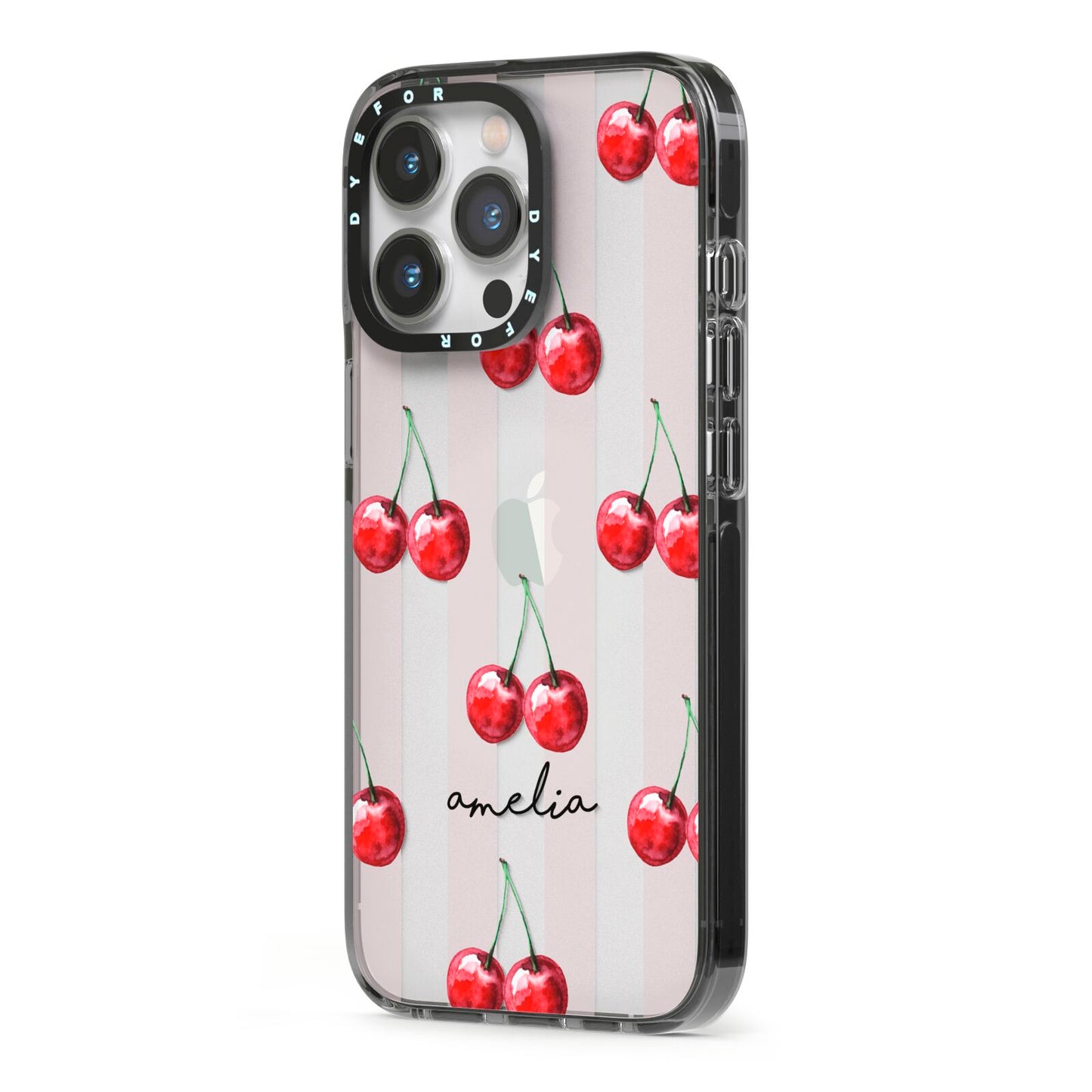Cherry and Stripes with Name iPhone 13 Pro Black Impact Case Side Angle on Silver phone