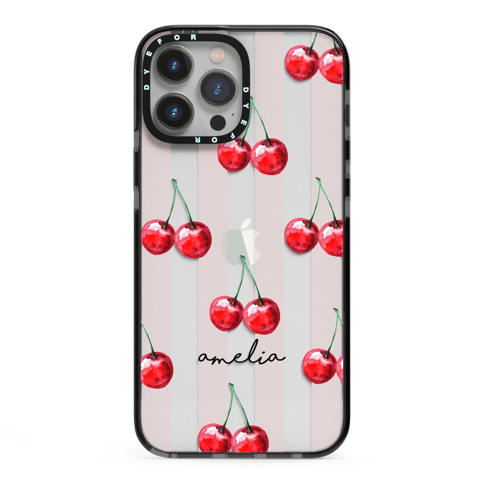 Cherry and Stripes with Name iPhone 13 Pro Max Black Impact Case on Silver phone