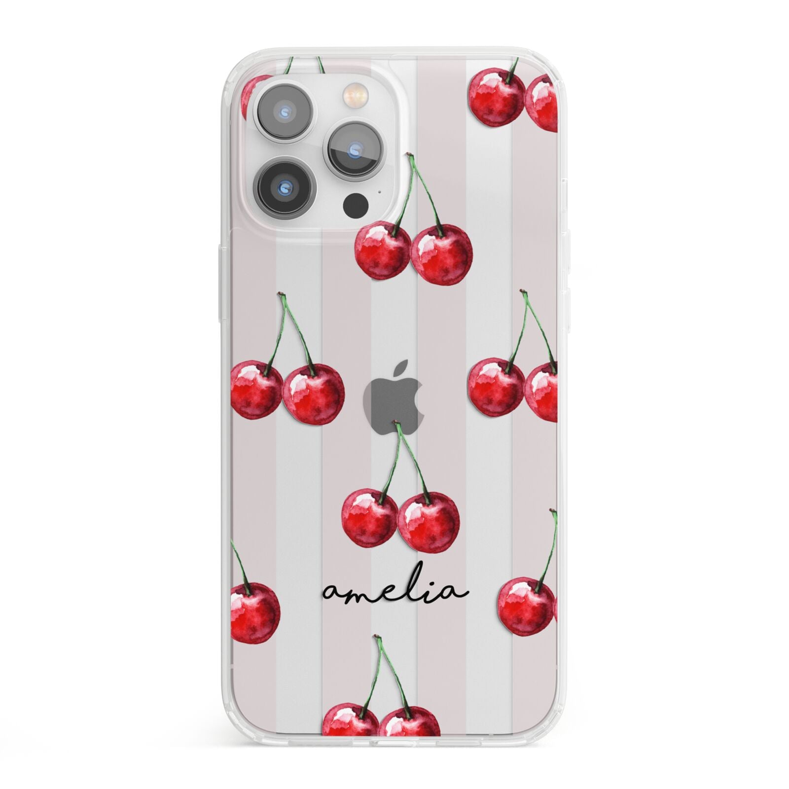Cherry and Stripes with Name iPhone 13 Pro Max Clear Bumper Case
