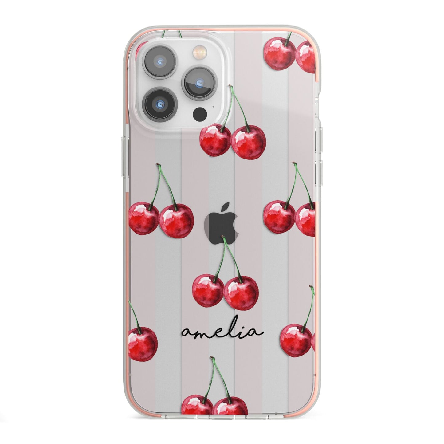 Cherry and Stripes with Name iPhone 13 Pro Max TPU Impact Case with Pink Edges