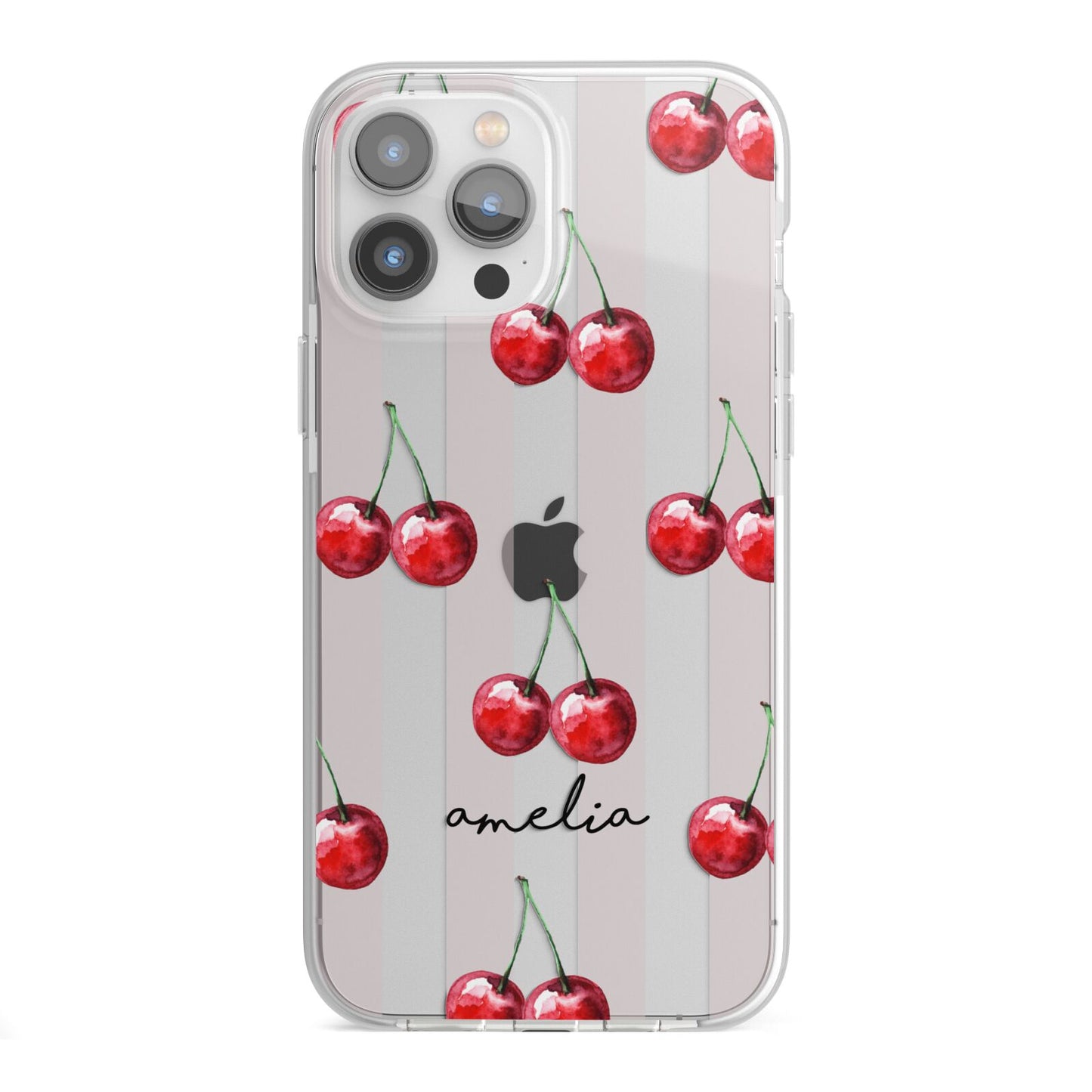 Cherry and Stripes with Name iPhone 13 Pro Max TPU Impact Case with White Edges