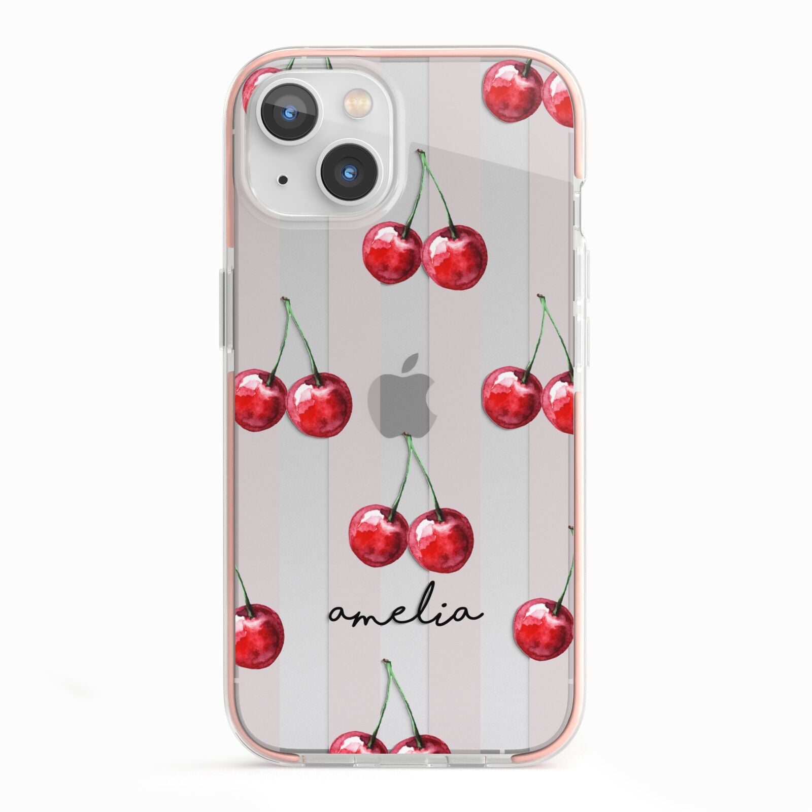 Cherry and Stripes with Name iPhone 13 TPU Impact Case with Pink Edges