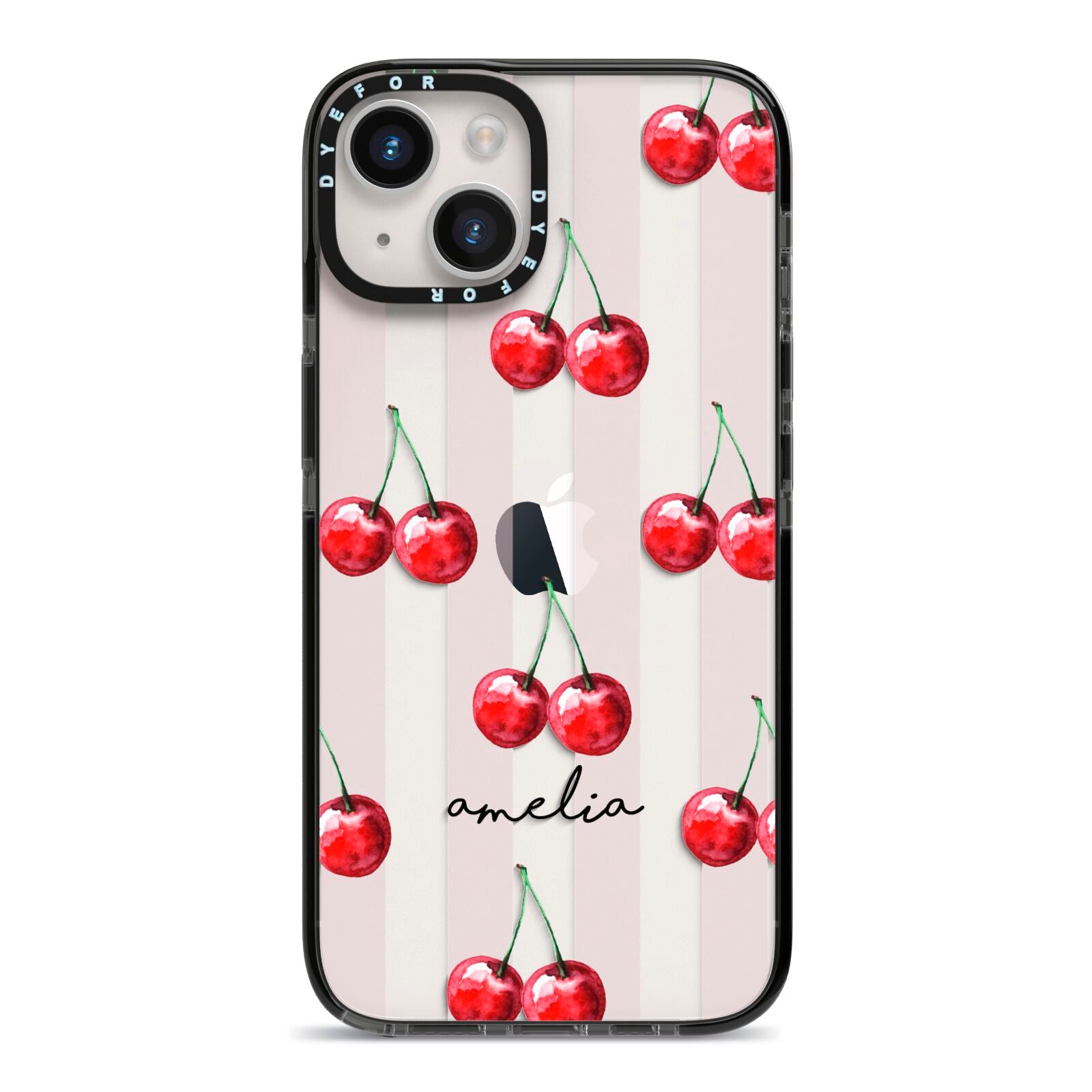 Cherry and Stripes with Name iPhone 14 Black Impact Case on Silver phone