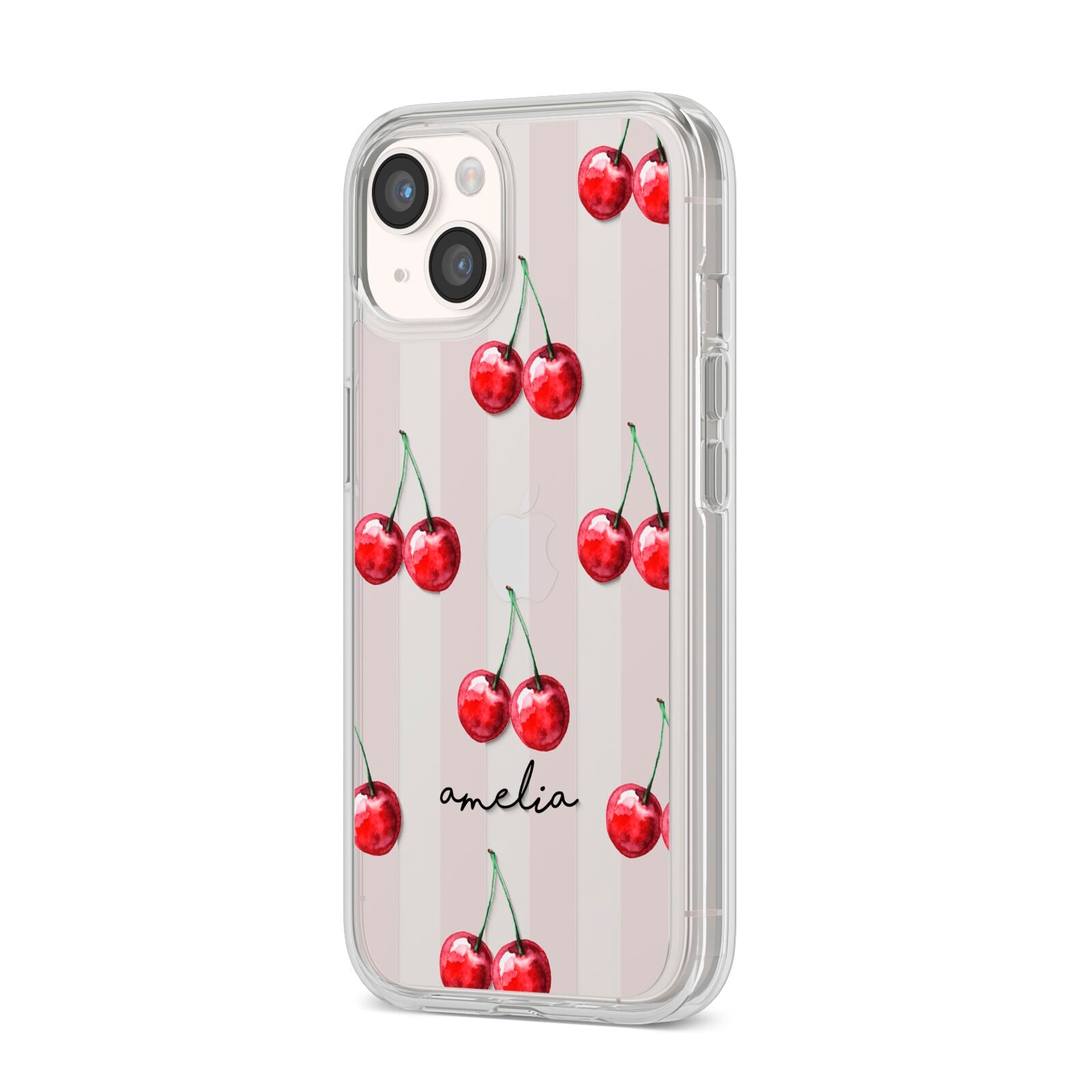 Cherry and Stripes with Name iPhone 14 Clear Tough Case Starlight Angled Image