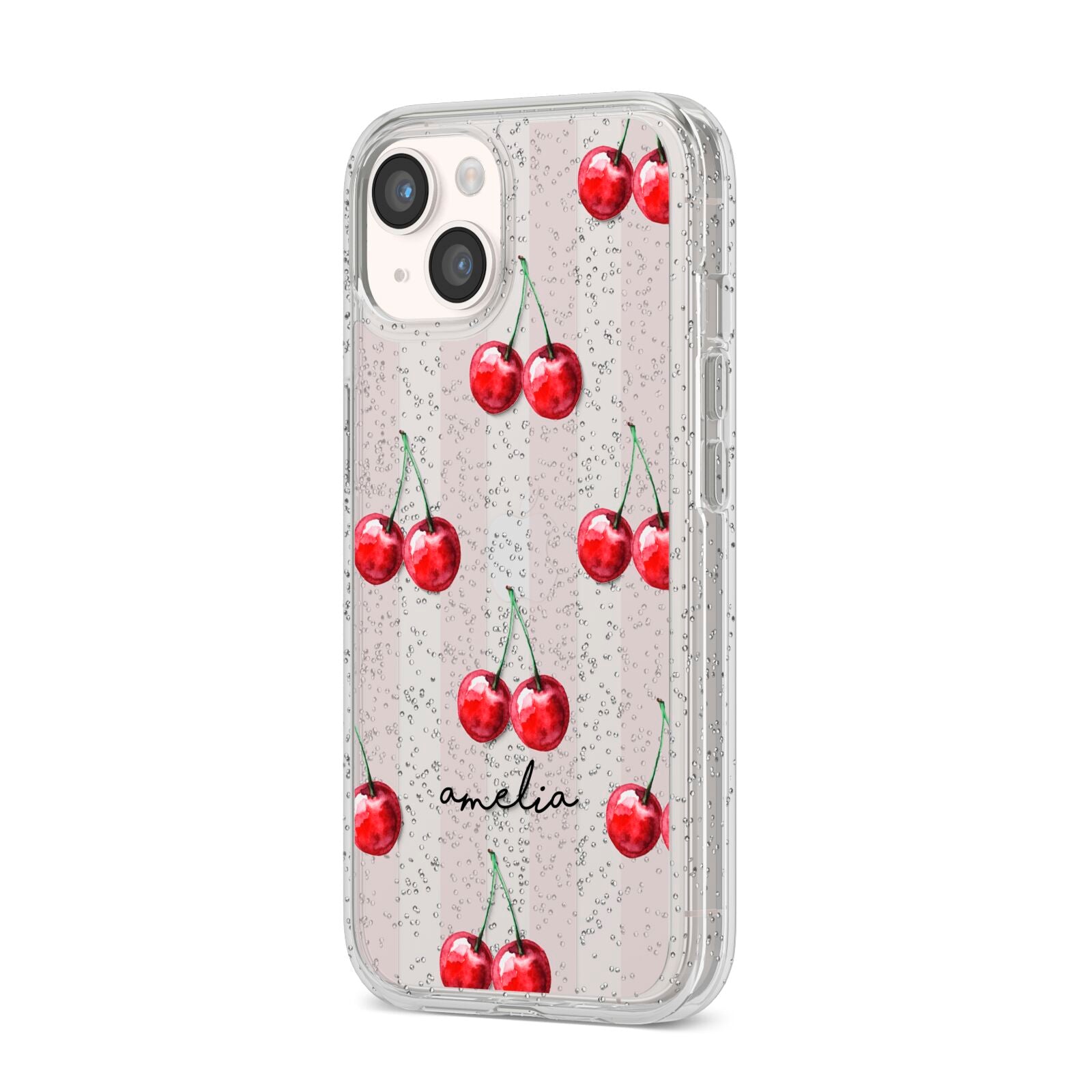 Cherry and Stripes with Name iPhone 14 Glitter Tough Case Starlight Angled Image