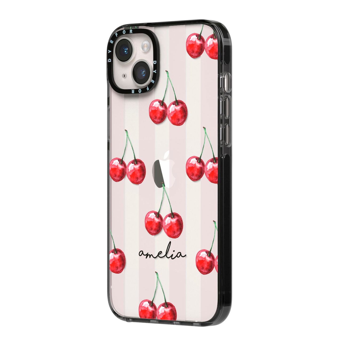 Cherry and Stripes with Name iPhone 14 Plus Black Impact Case Side Angle on Silver phone