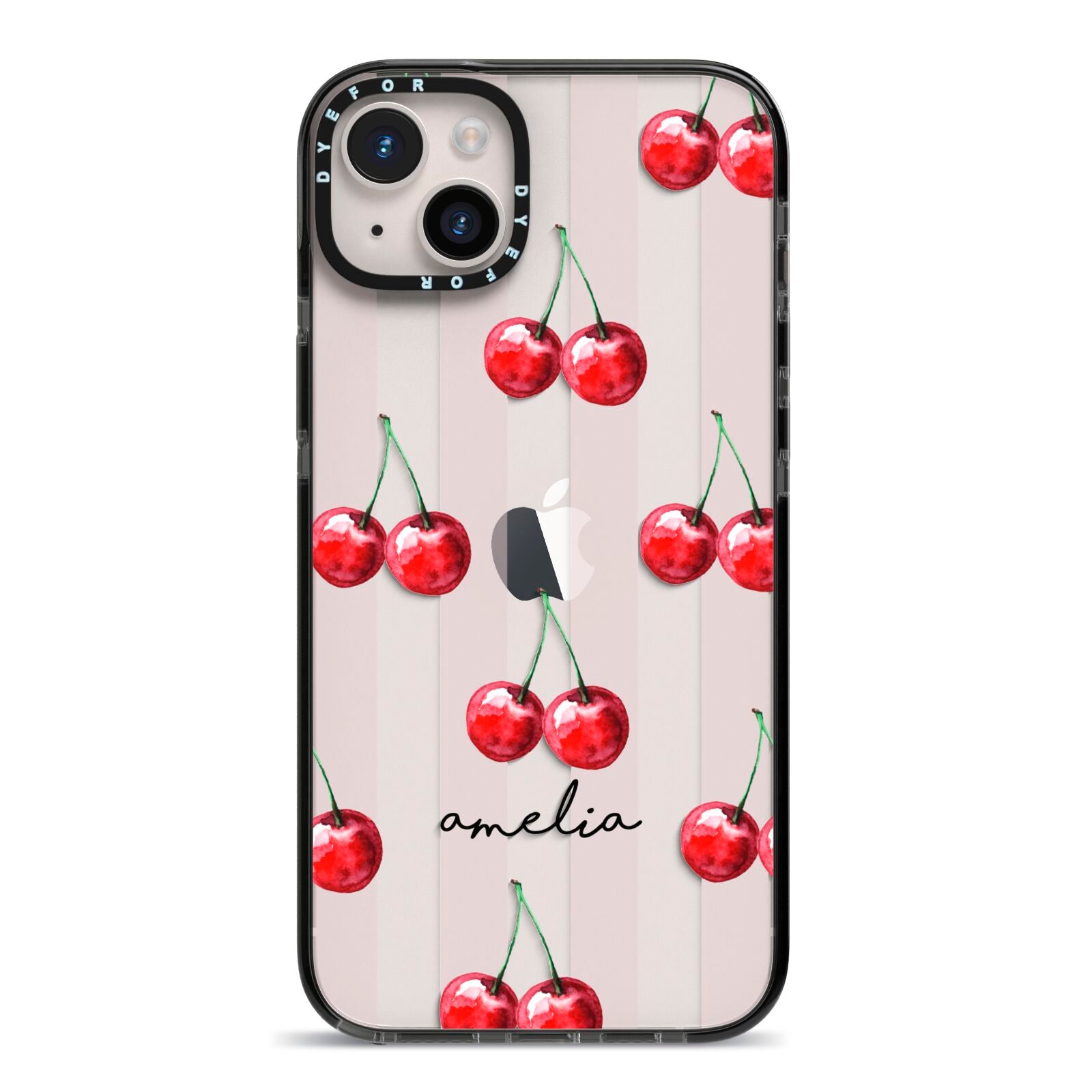 Cherry and Stripes with Name iPhone 14 Plus Black Impact Case on Silver phone