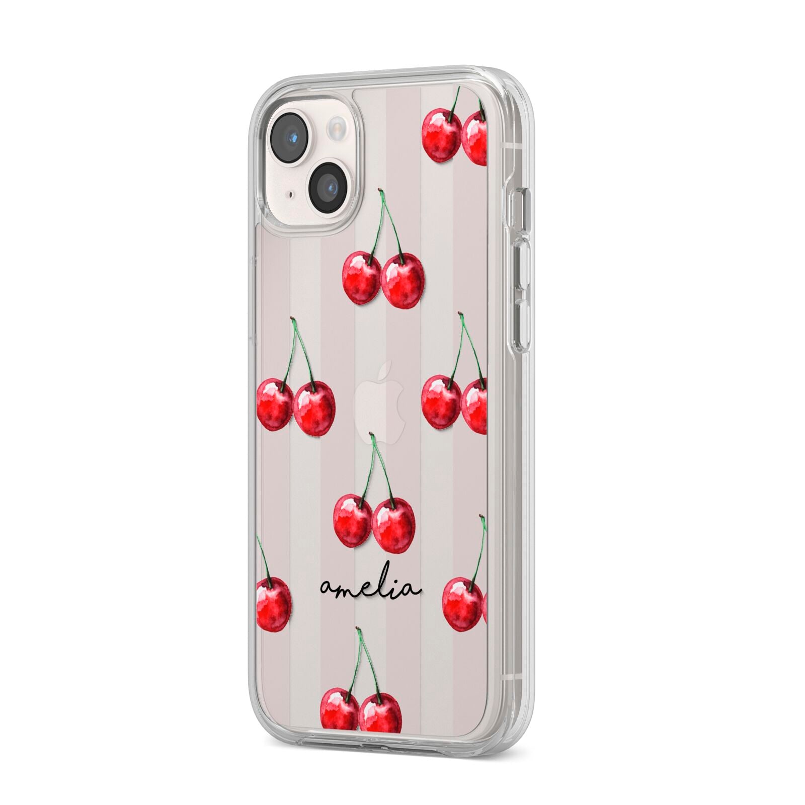 Cherry and Stripes with Name iPhone 14 Plus Clear Tough Case Starlight Angled Image