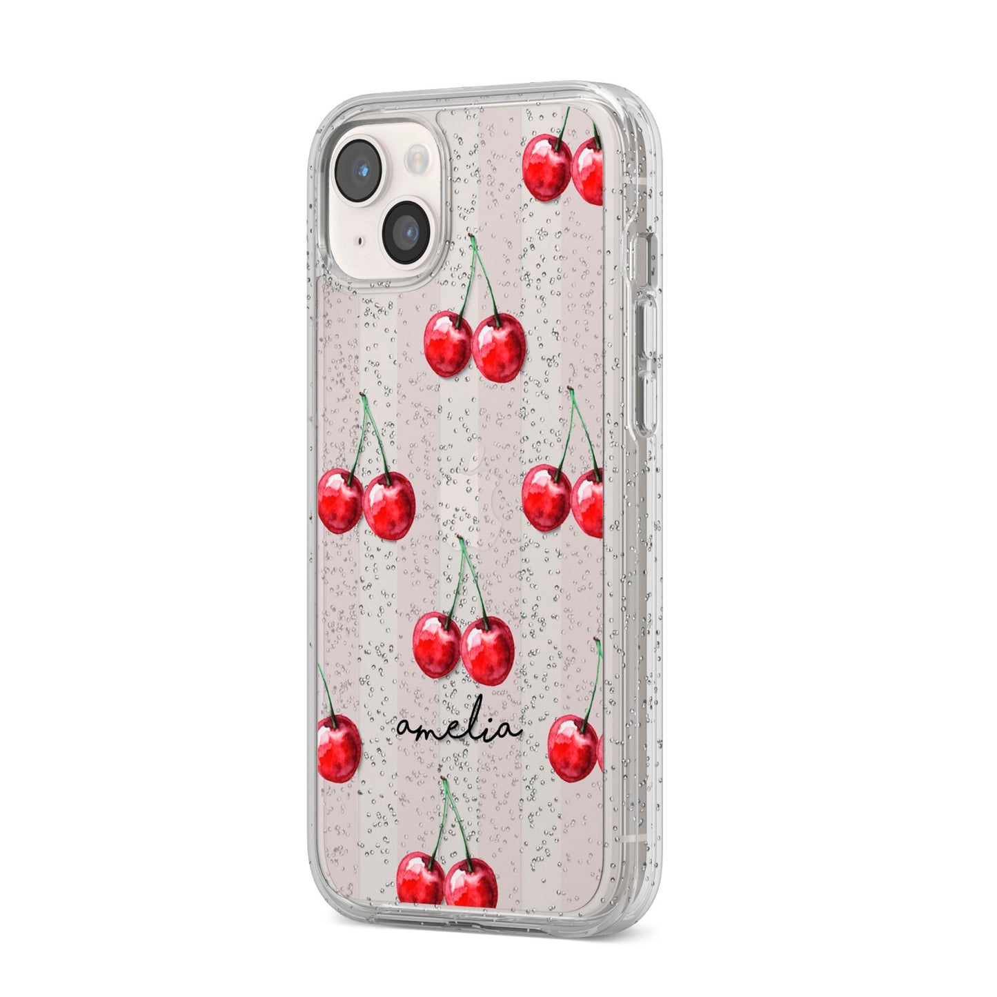 Cherry and Stripes with Name iPhone 14 Plus Glitter Tough Case Starlight Angled Image