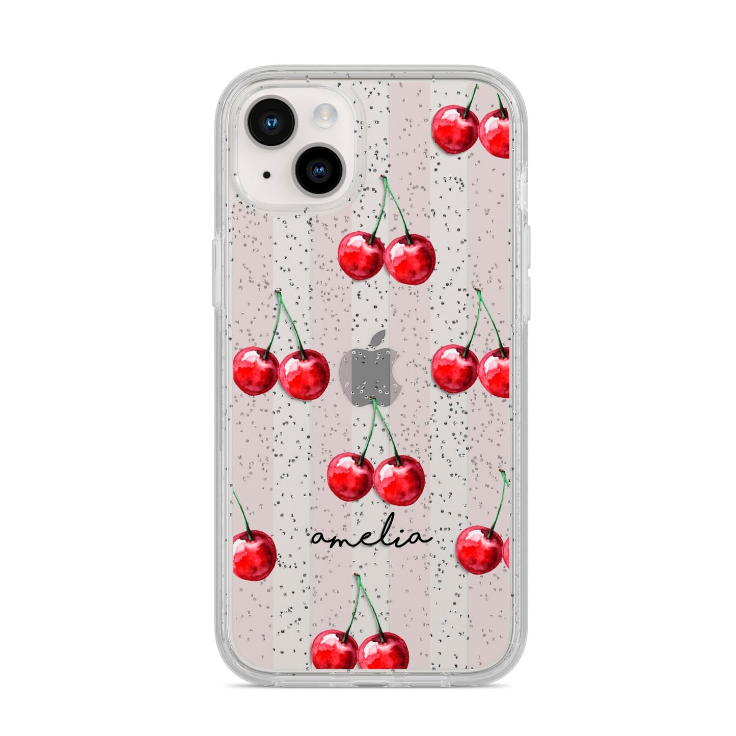 Cherry and Stripes with Name iPhone 14 Plus Glitter Tough Case Starlight