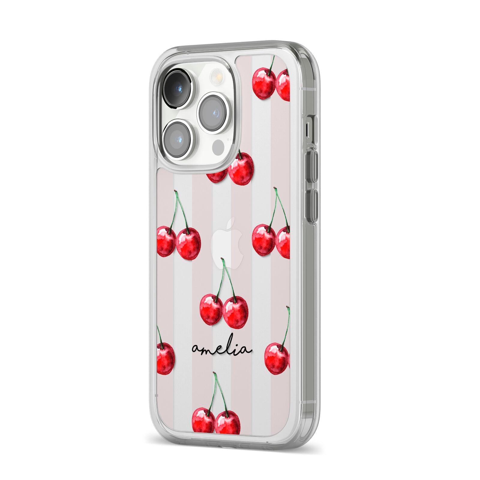 Cherry and Stripes with Name iPhone 14 Pro Clear Tough Case Silver Angled Image