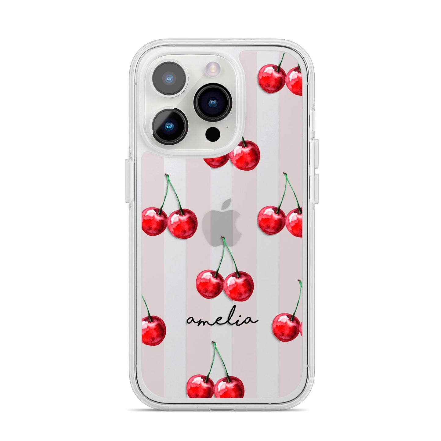 Cherry and Stripes with Name iPhone 14 Pro Clear Tough Case Silver