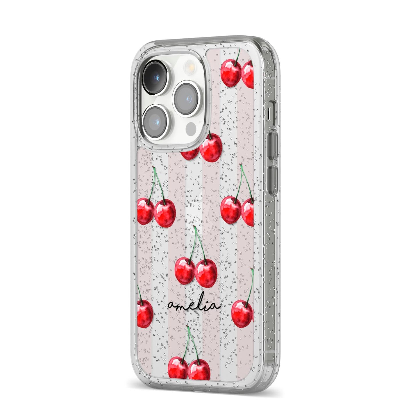 Cherry and Stripes with Name iPhone 14 Pro Glitter Tough Case Silver Angled Image