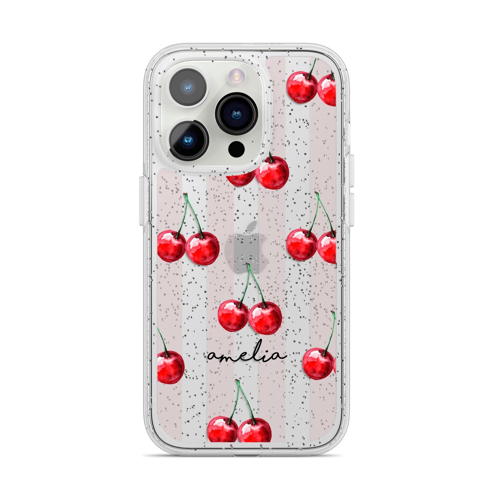 Cherry and Stripes with Name iPhone 14 Pro Glitter Tough Case Silver