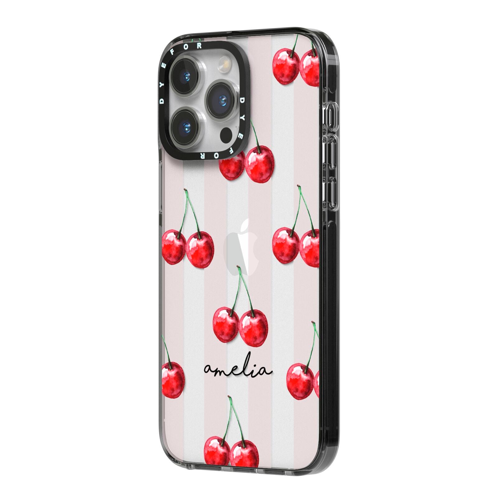 Cherry and Stripes with Name iPhone 14 Pro Max Black Impact Case Side Angle on Silver phone