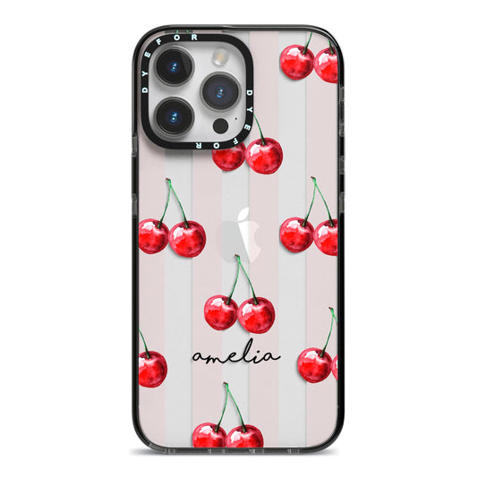 Cherry and Stripes with Name iPhone 14 Pro Max Black Impact Case on Silver phone