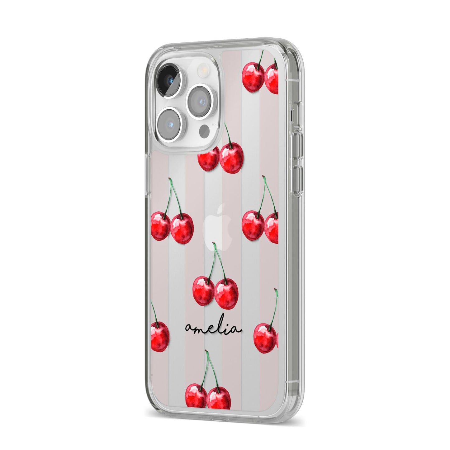 Cherry and Stripes with Name iPhone 14 Pro Max Clear Tough Case Silver Angled Image