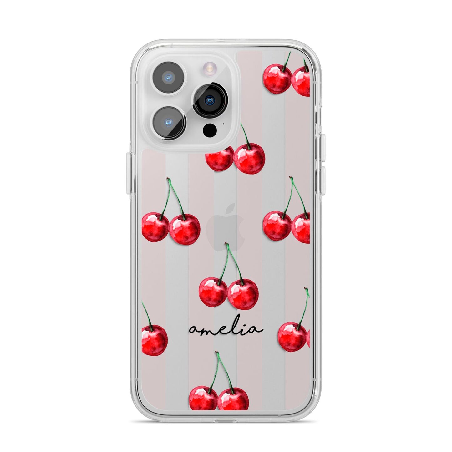 Cherry and Stripes with Name iPhone 14 Pro Max Clear Tough Case Silver