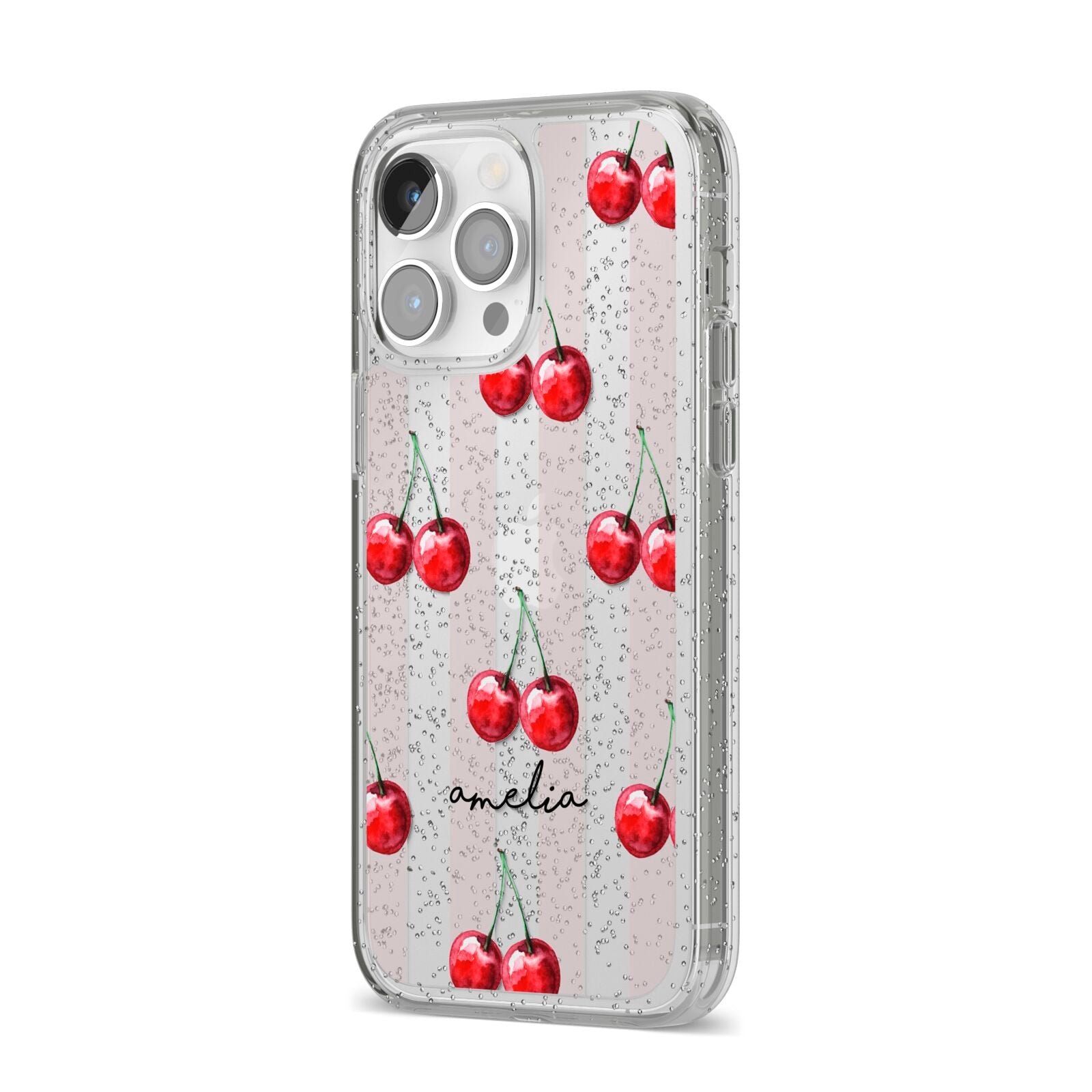 Cherry and Stripes with Name iPhone 14 Pro Max Glitter Tough Case Silver Angled Image