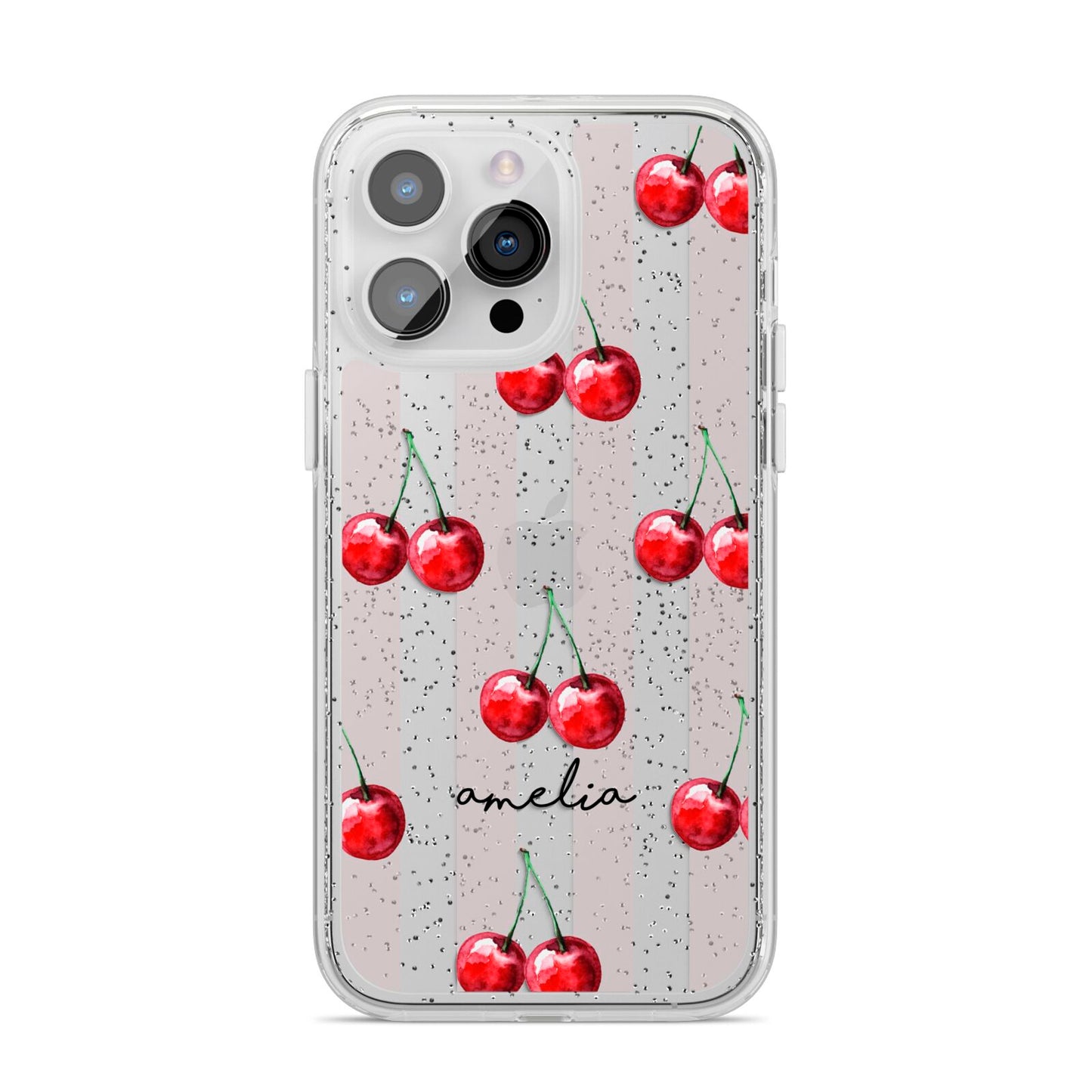 Cherry and Stripes with Name iPhone 14 Pro Max Glitter Tough Case Silver