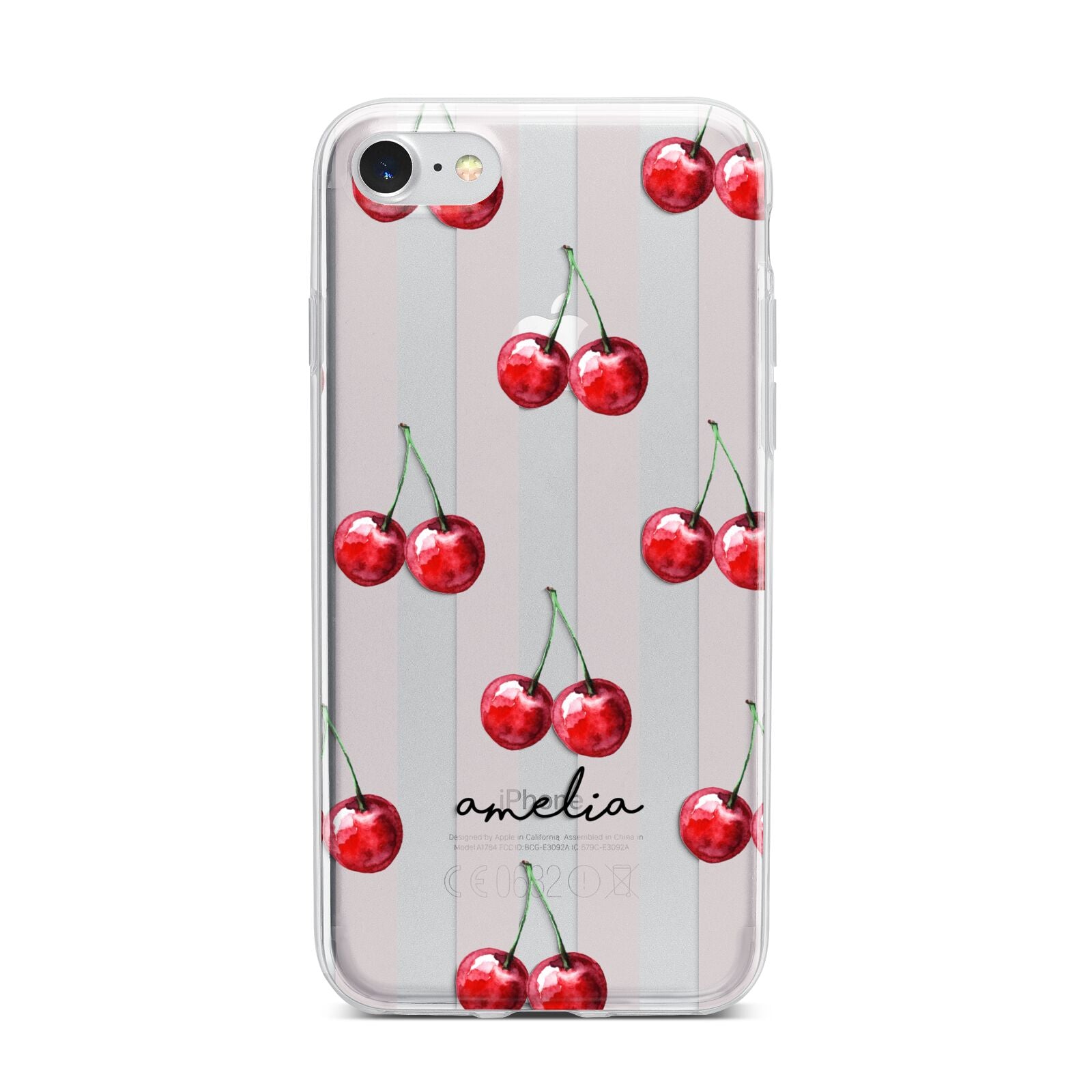 Cherry and Stripes with Name iPhone 7 Bumper Case on Silver iPhone