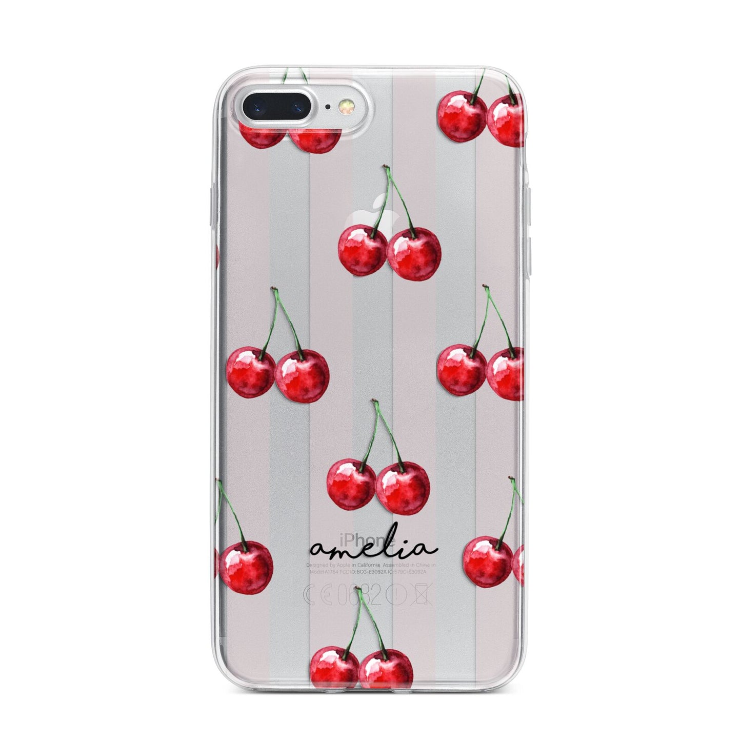 Cherry and Stripes with Name iPhone 7 Plus Bumper Case on Silver iPhone