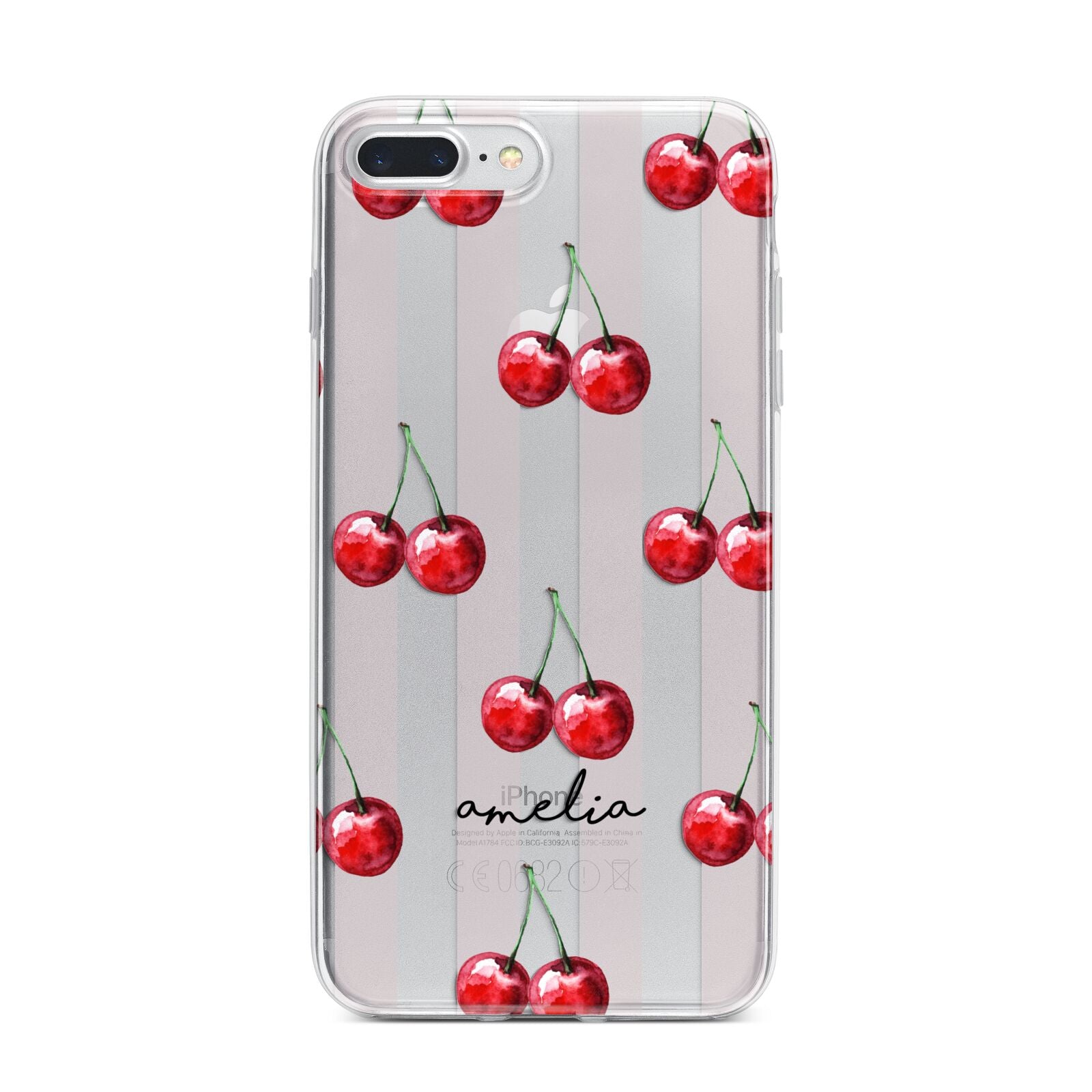 Cherry and Stripes with Name iPhone 7 Plus Bumper Case on Silver iPhone