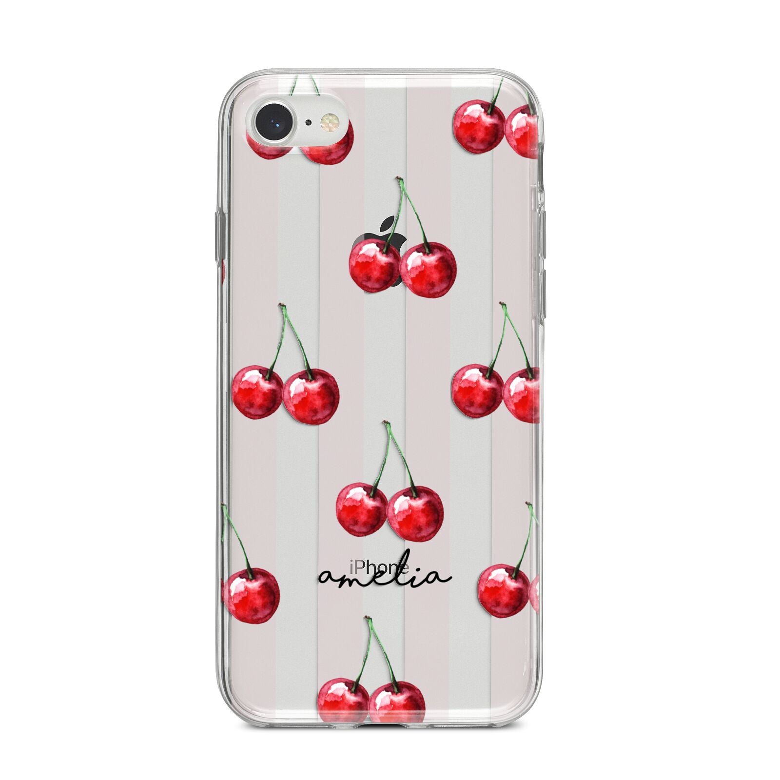 Cherry and Stripes with Name iPhone 8 Bumper Case on Silver iPhone