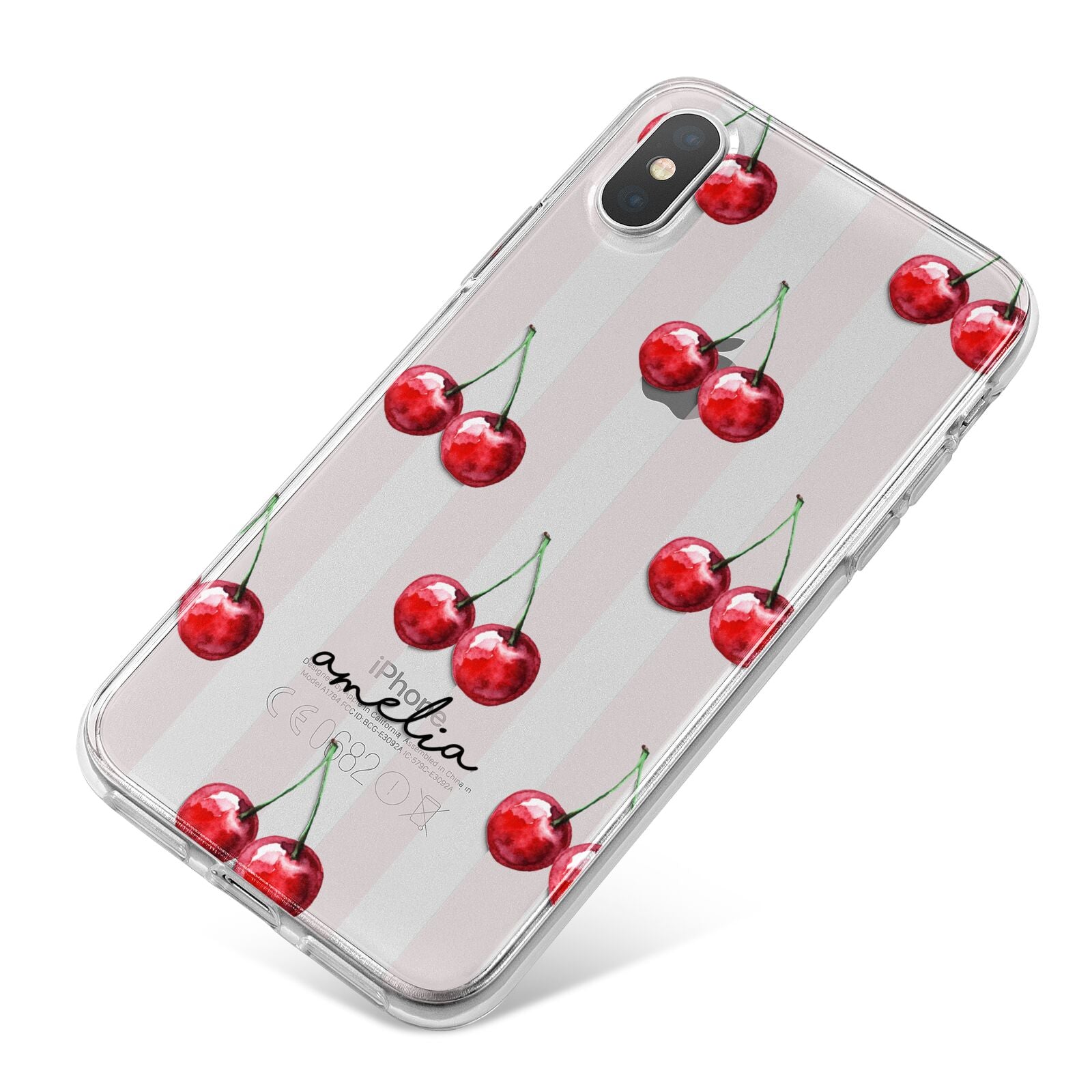 Cherry and Stripes with Name iPhone X Bumper Case on Silver iPhone