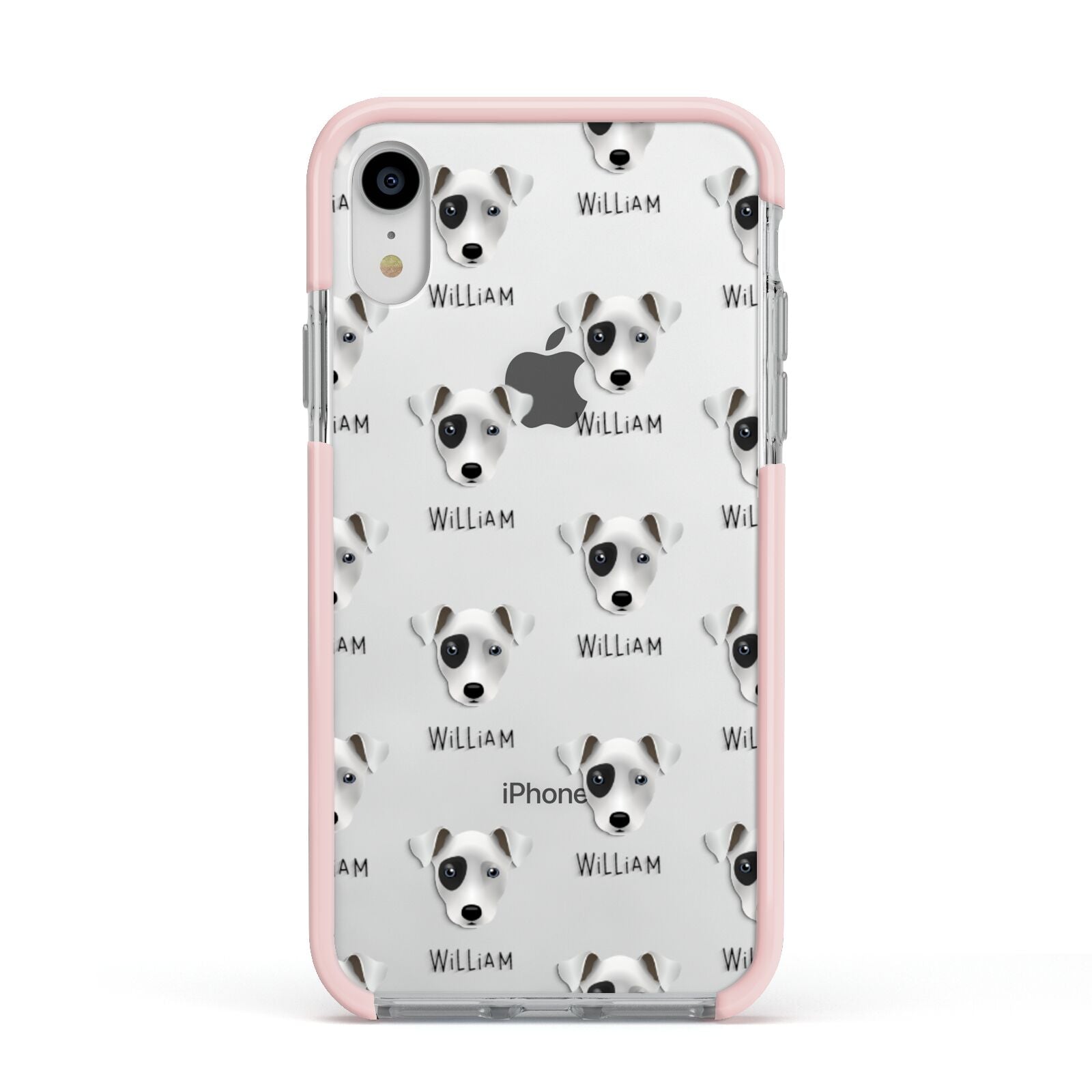 Chi Staffy Bull Icon with Name Apple iPhone XR Impact Case Pink Edge on Silver Phone