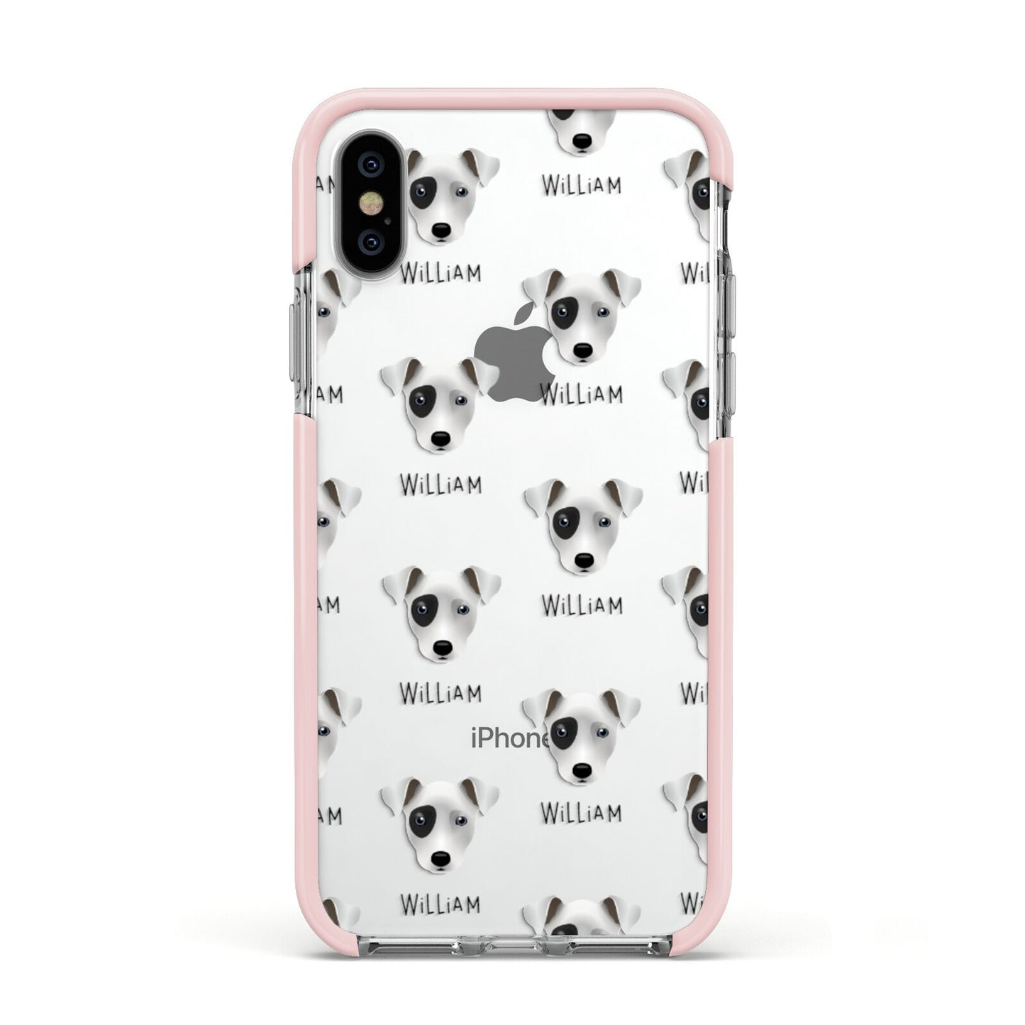 Chi Staffy Bull Icon with Name Apple iPhone Xs Impact Case Pink Edge on Silver Phone
